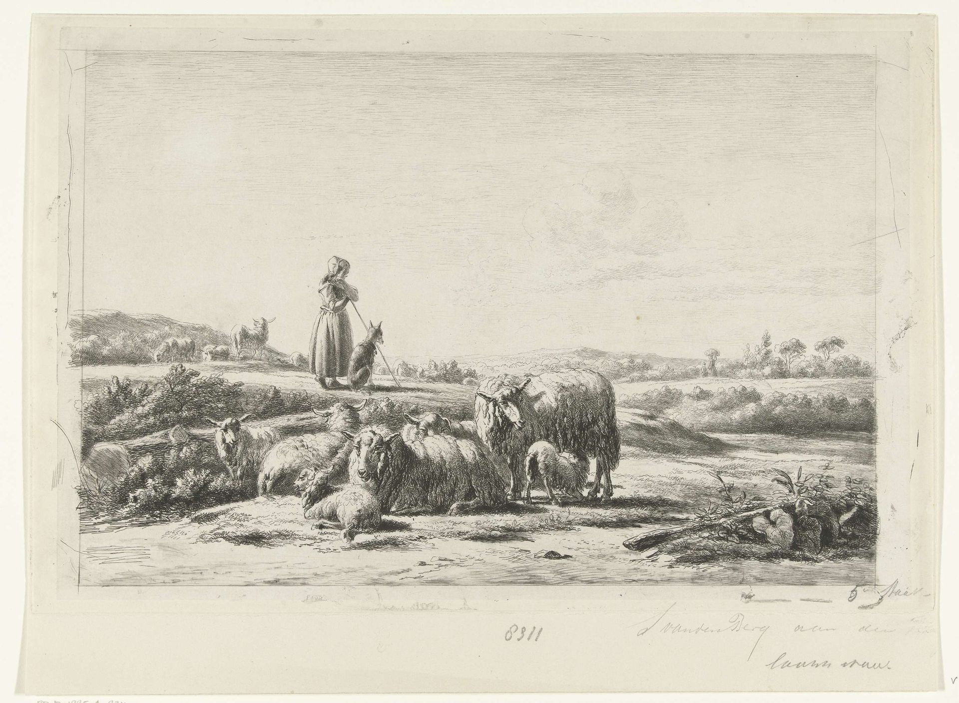 Landschap met herderin en hond bij kudde schapen by Simon van den Berg