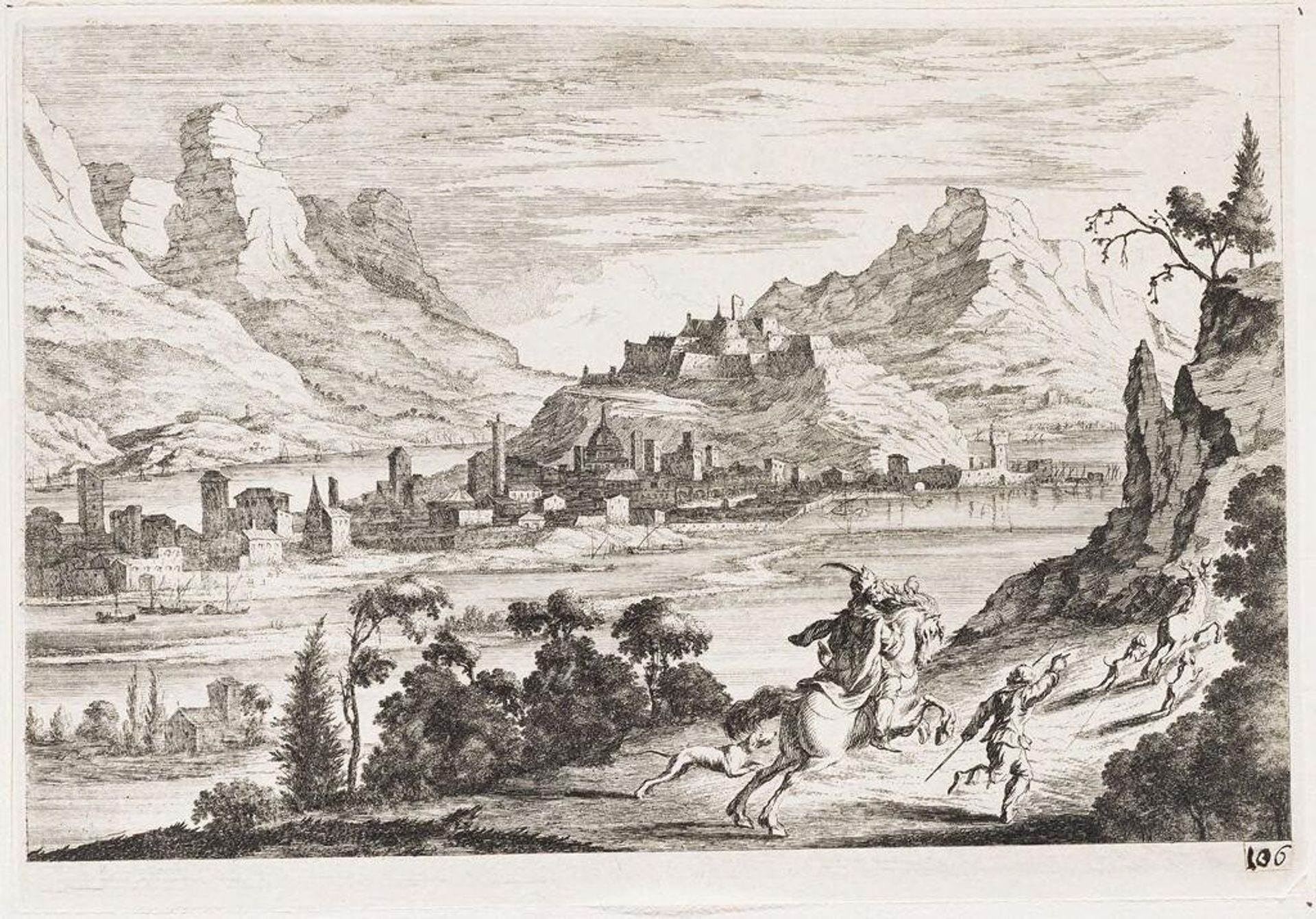 On the Near Bank of a River, a Hunter on Horseback in Pursuit of a Stag; On the Far Bank, Mountains With a Town and Fortress by Melchior KÃ¼sel