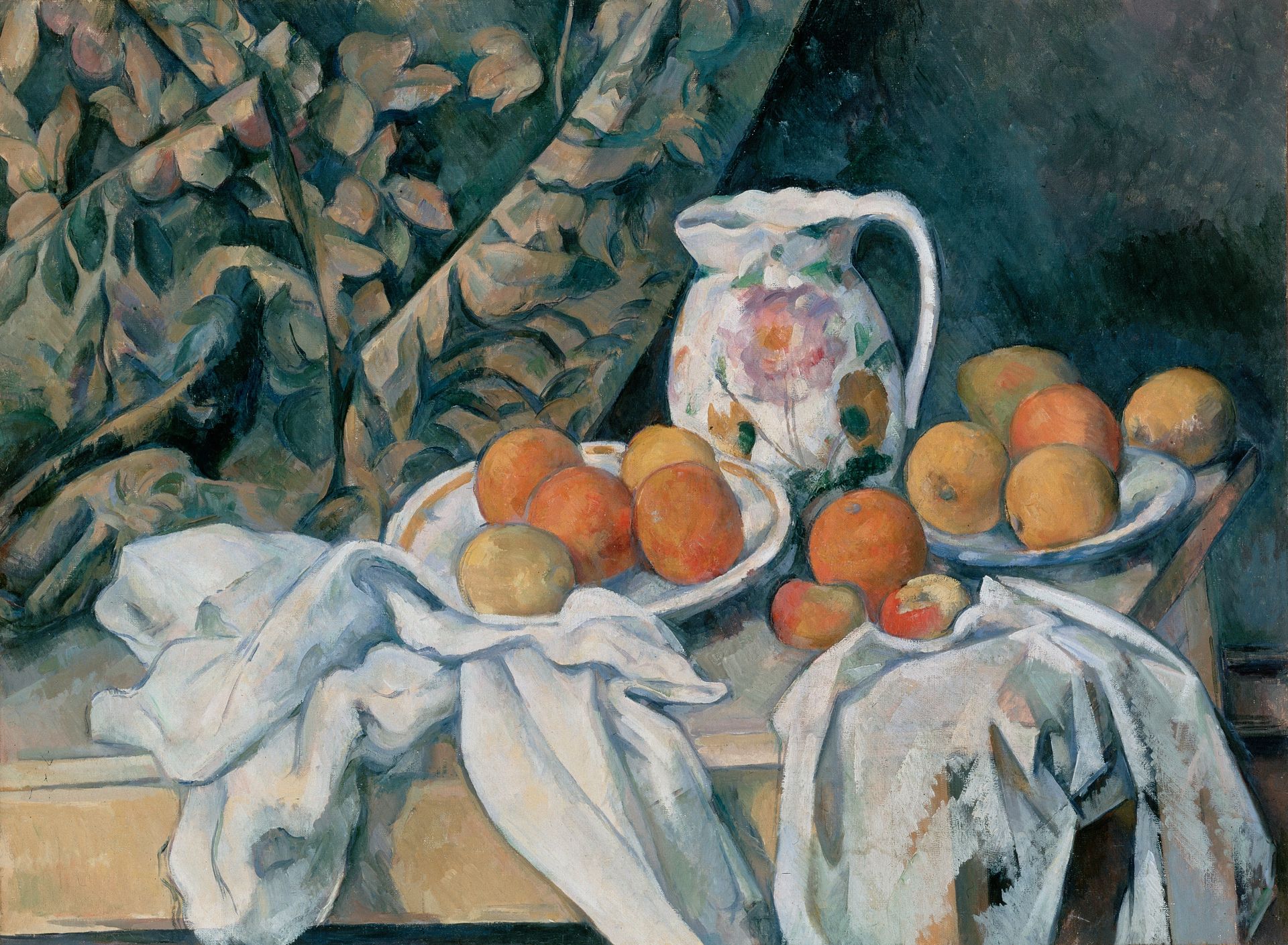 Still Life with Curtain and Flowered Pitcher by Paul Cézanne