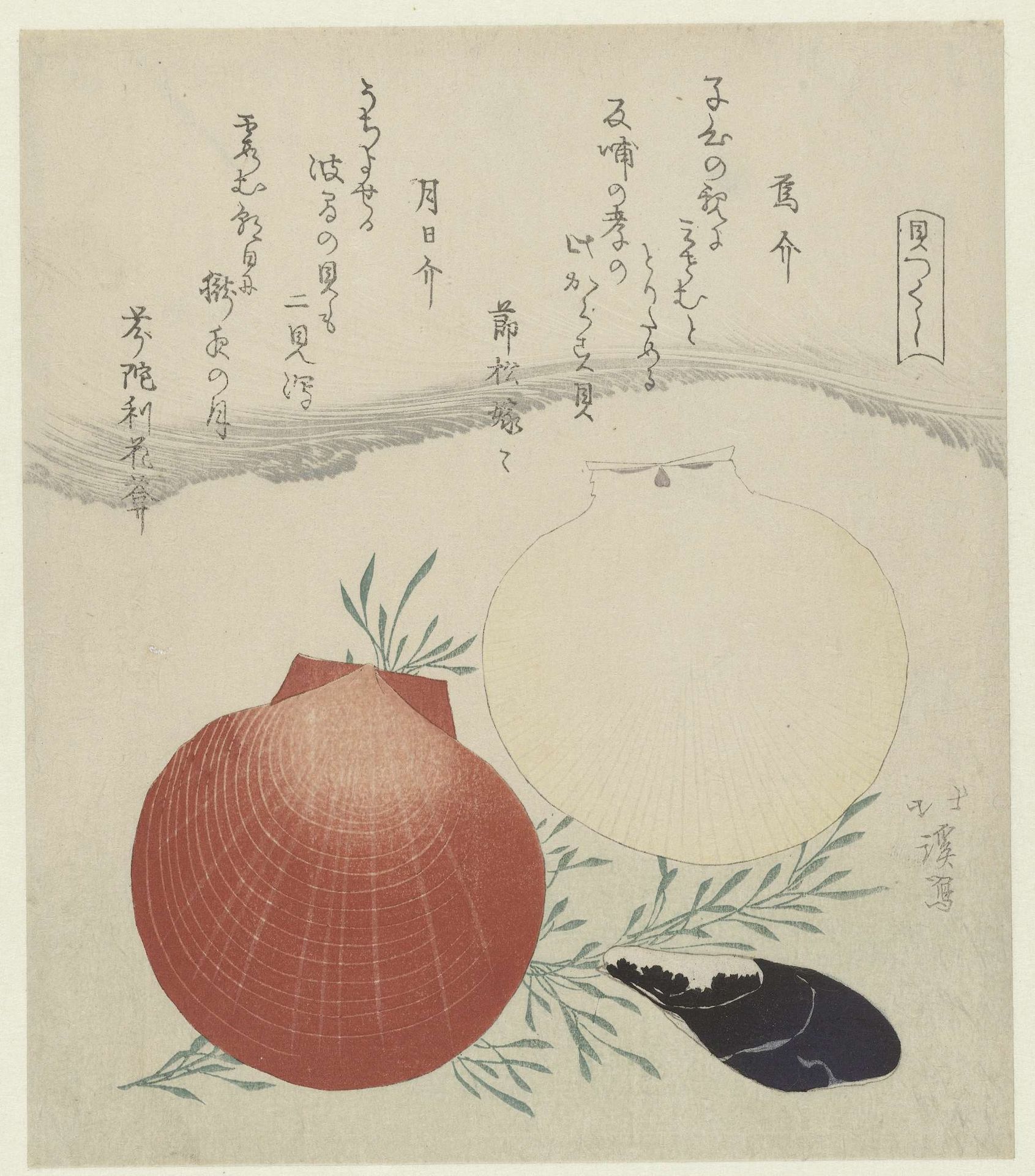 Zoetwatermossel en Japanse zon-en-maan mantelschelp by Totoya Hokkei