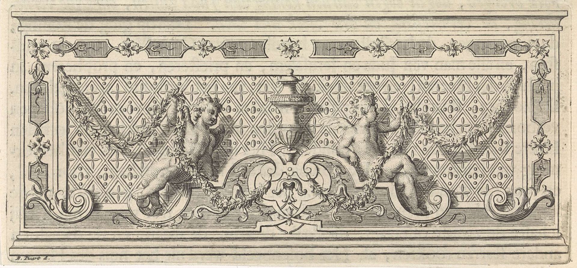 Twee putti met een guirlande by Bernard Picart