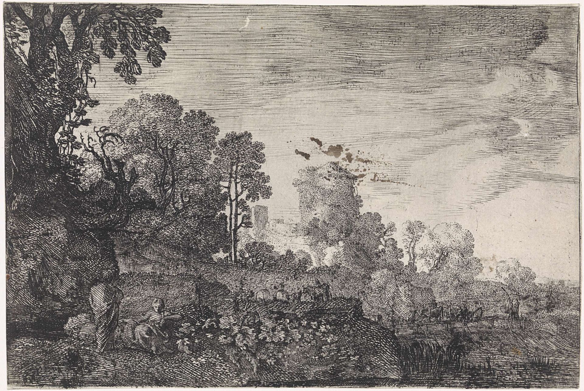 Landschap met een kudde op een brug by Moyses van Wtenbrouck