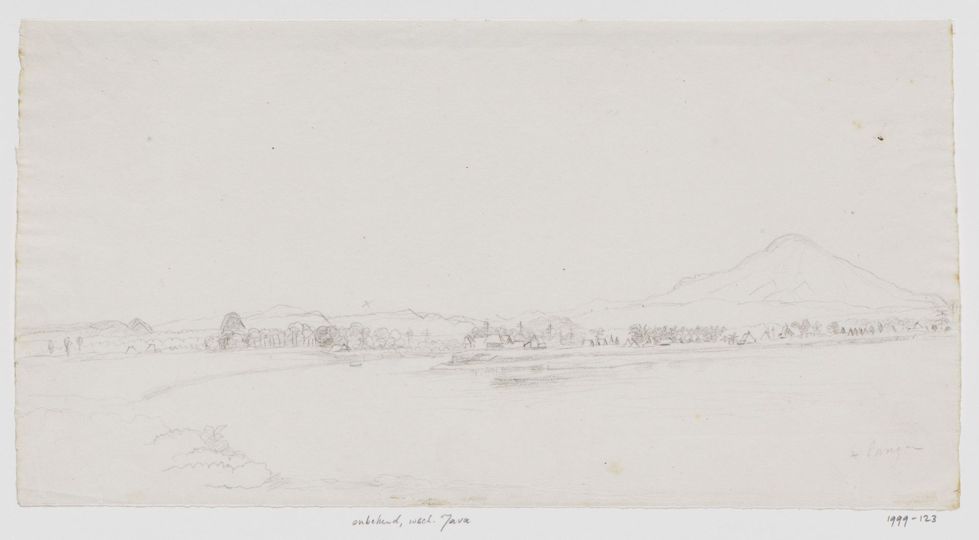 Javaans landschap met rivier en een dorp by Adrianus Johannes Bik