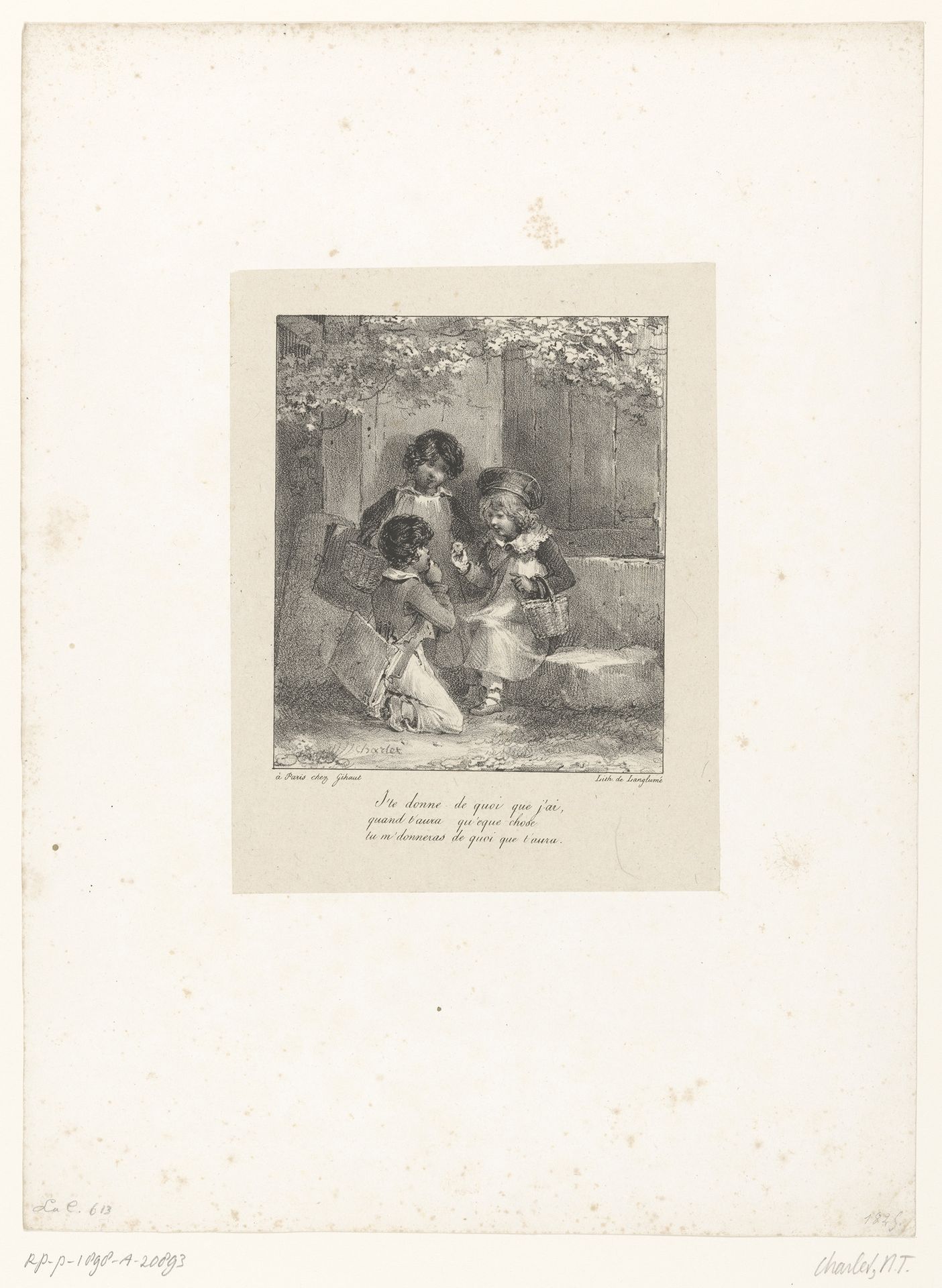 Drie schoolkinderen met een appel by Nicolas Toussaint Charlet