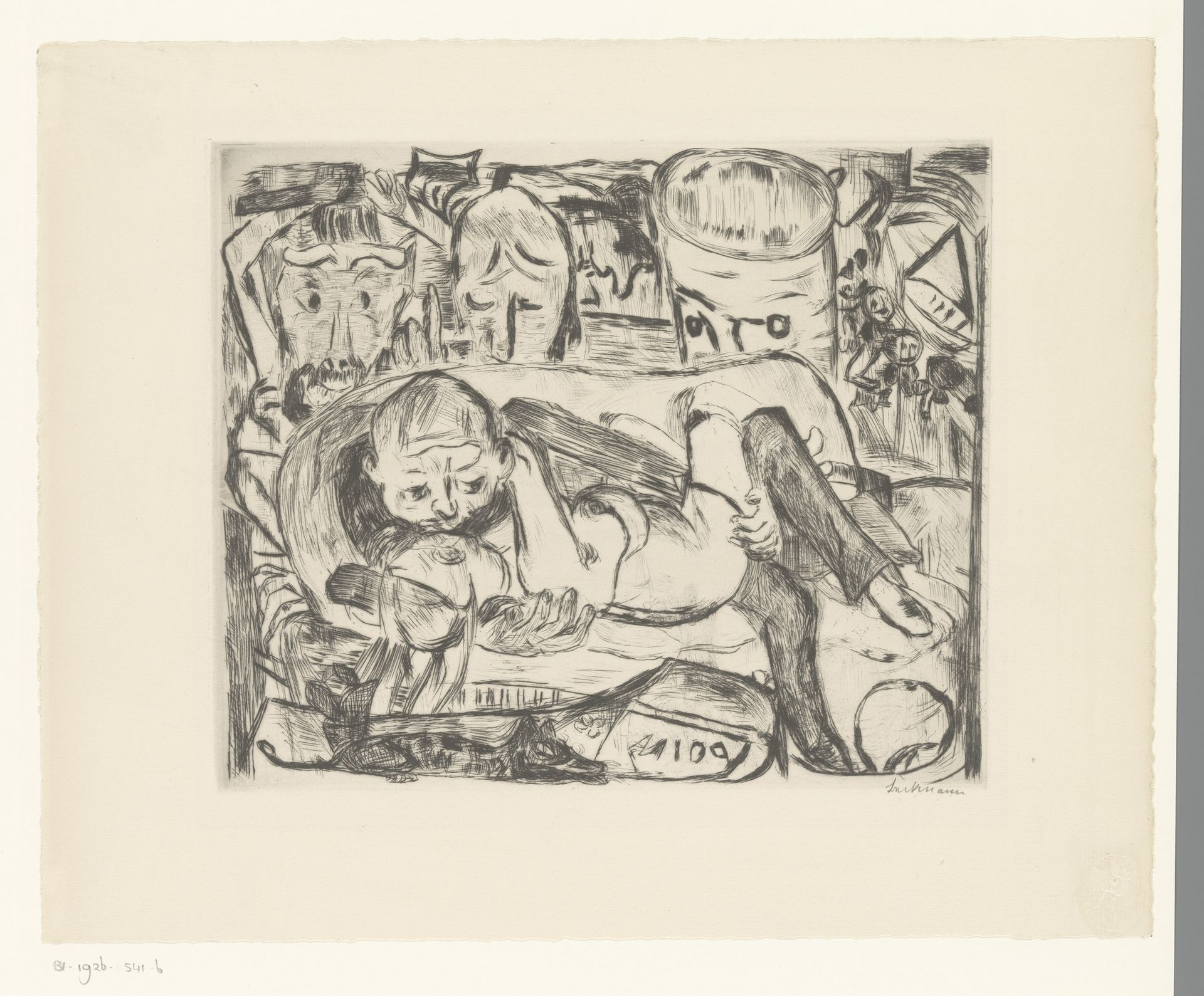Zoenend paar op een bed by Max Beckmann