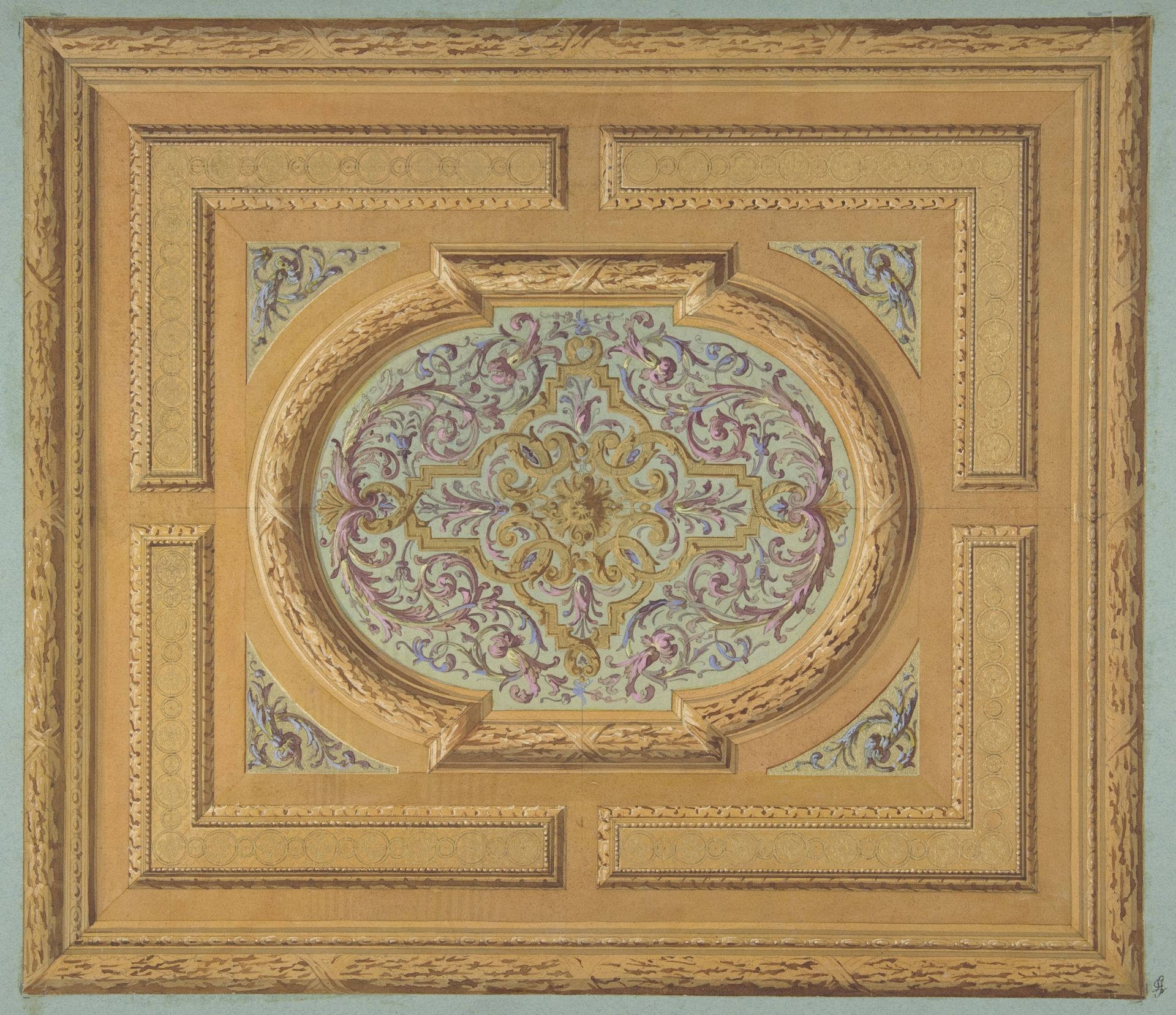 Design for a ceiling decorated with bands of oak leaves and a central panel of scrolls and rinceaux by Jules-Edmond-Charles Lachaise