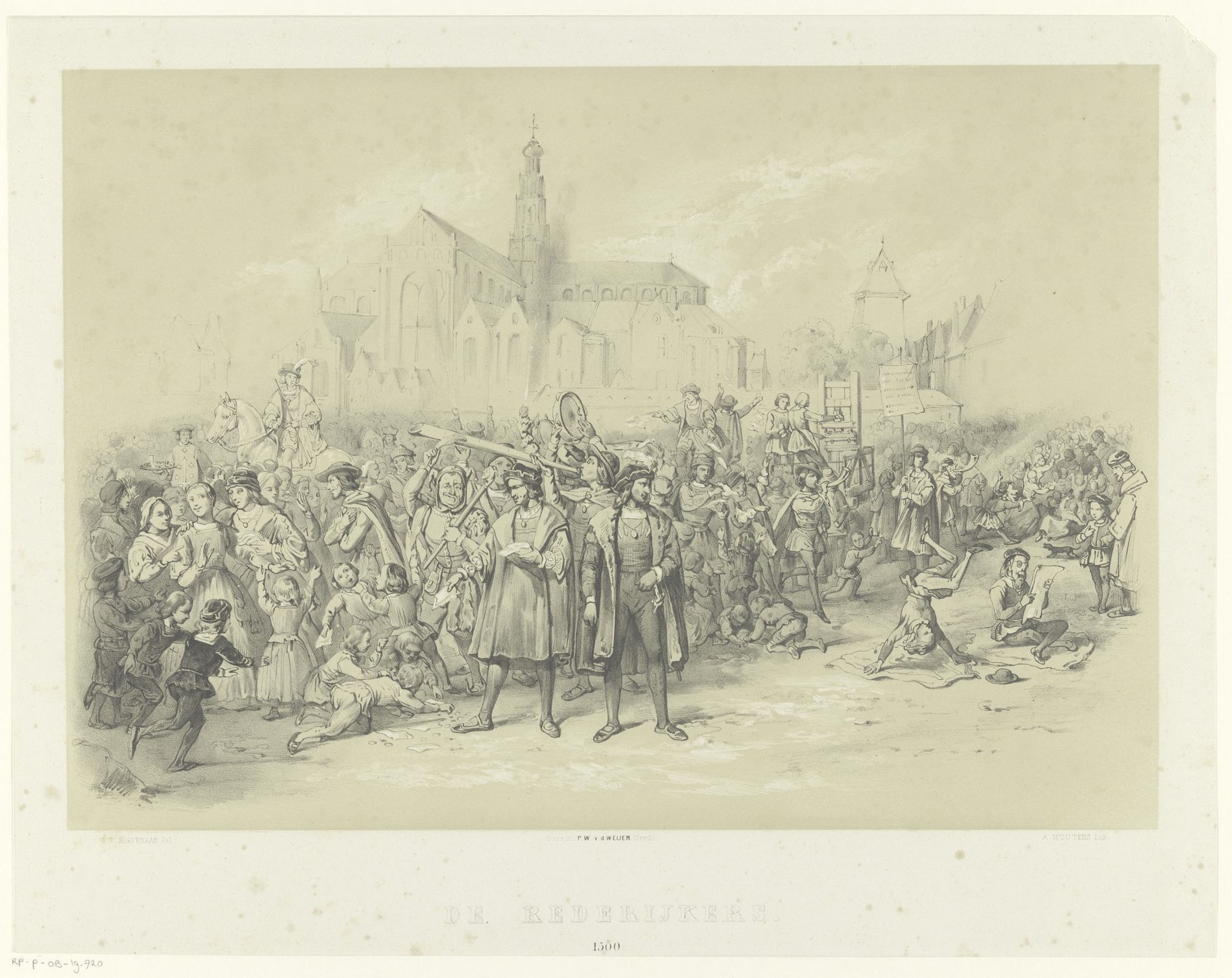 Rederijkers delen pamfletten uit by Augustinus Jacobus Bernardus Wouters