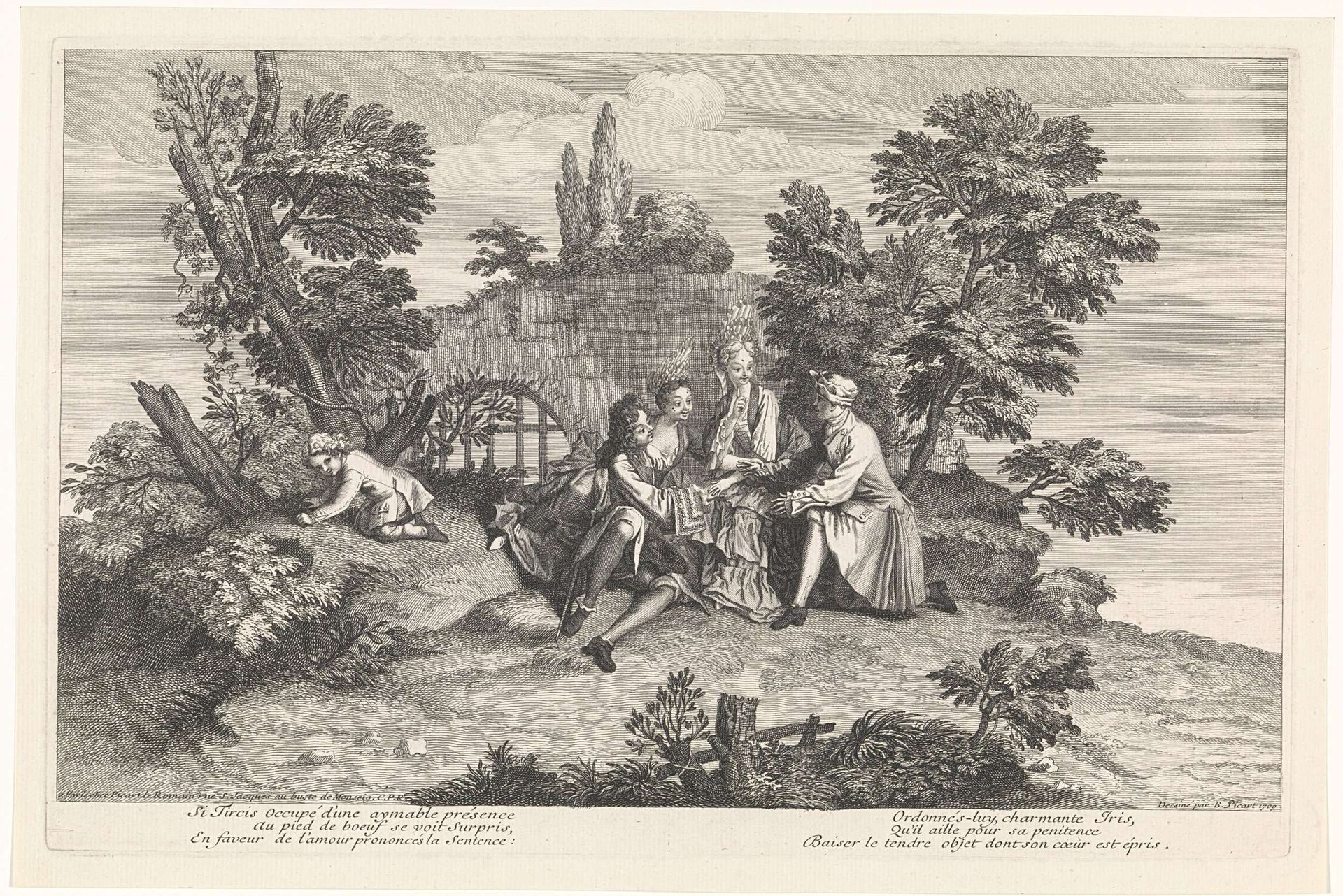 Elegant gezelschap speelt het spel Pied de Boeuf by Bernard Picart