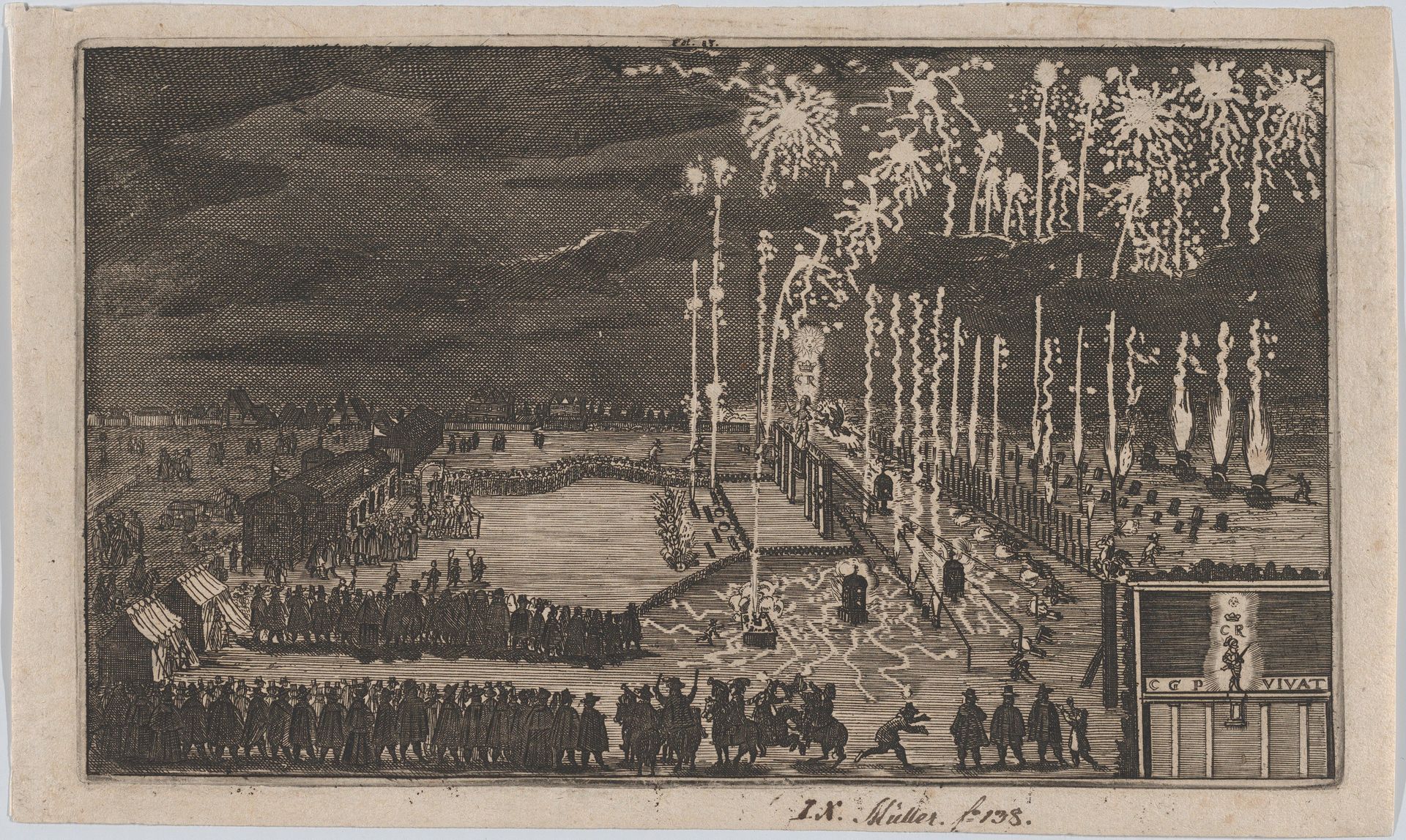 Firework display, Nuremberg 1649, reduced copy of 'Kurze Beschreibung dess kunstlichen Feuerwerkes ...' by Anonymous