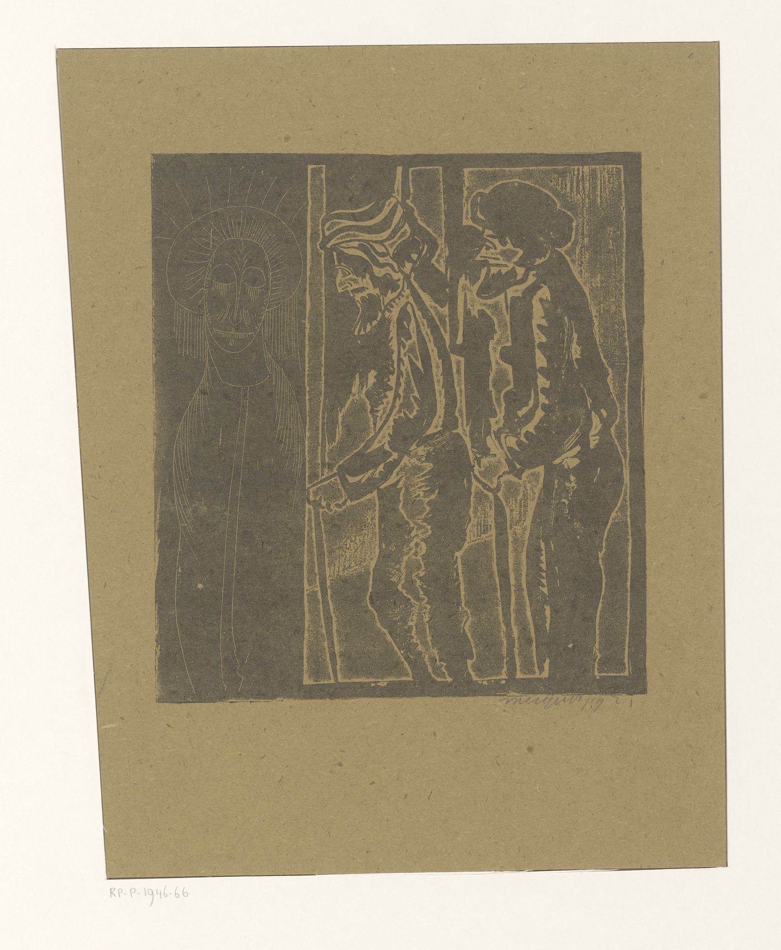 Twee mannen bij figuur met gesloten ogen by Samuel Jessurun de Mesquita