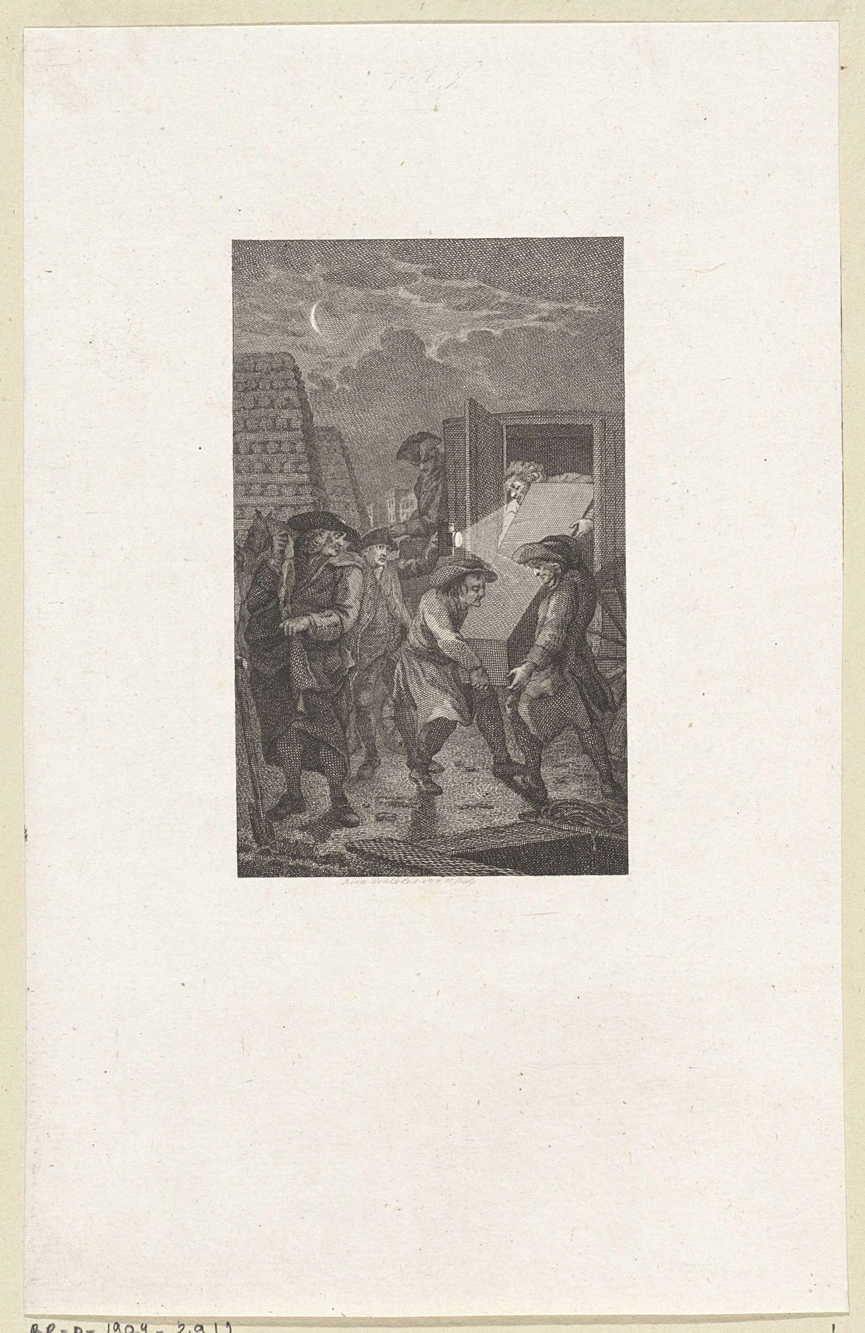 Nachtgezicht met mannen die een doodskist vervoeren by Reinier Vinkeles