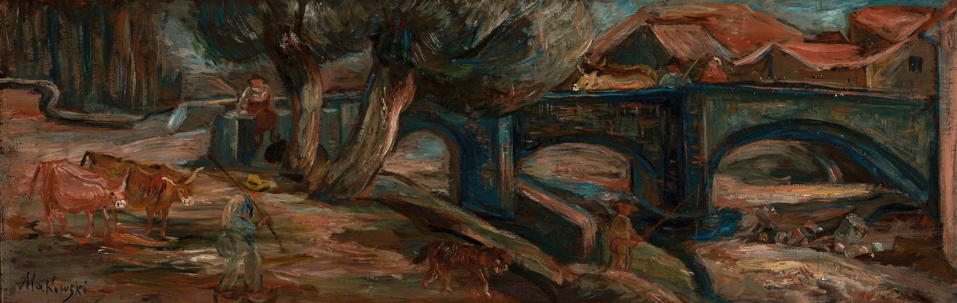 Landscape with a bridge and cows by Tadeusz Makowski