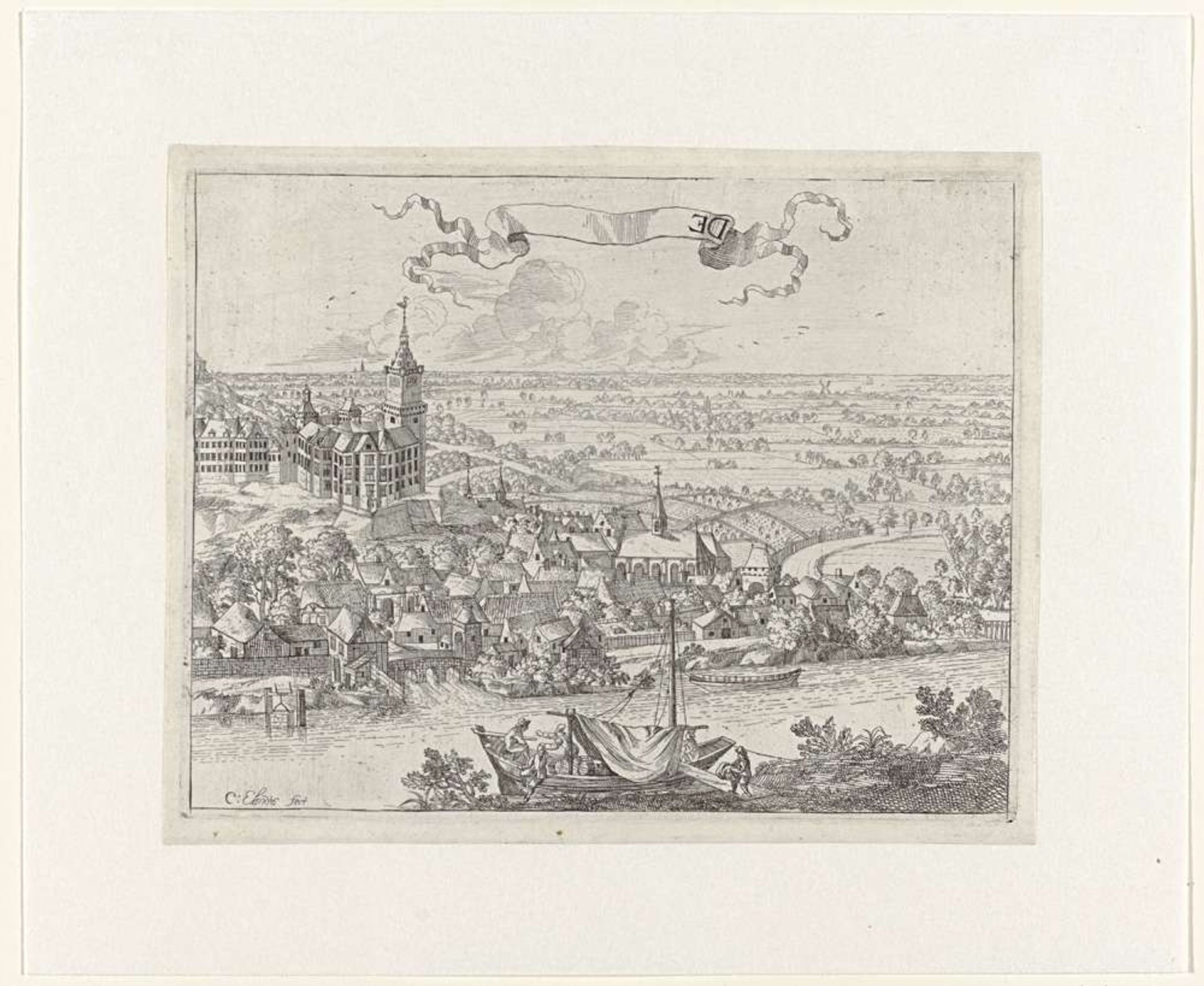 Landschap met gezicht op een stad by Cornelis Elandts