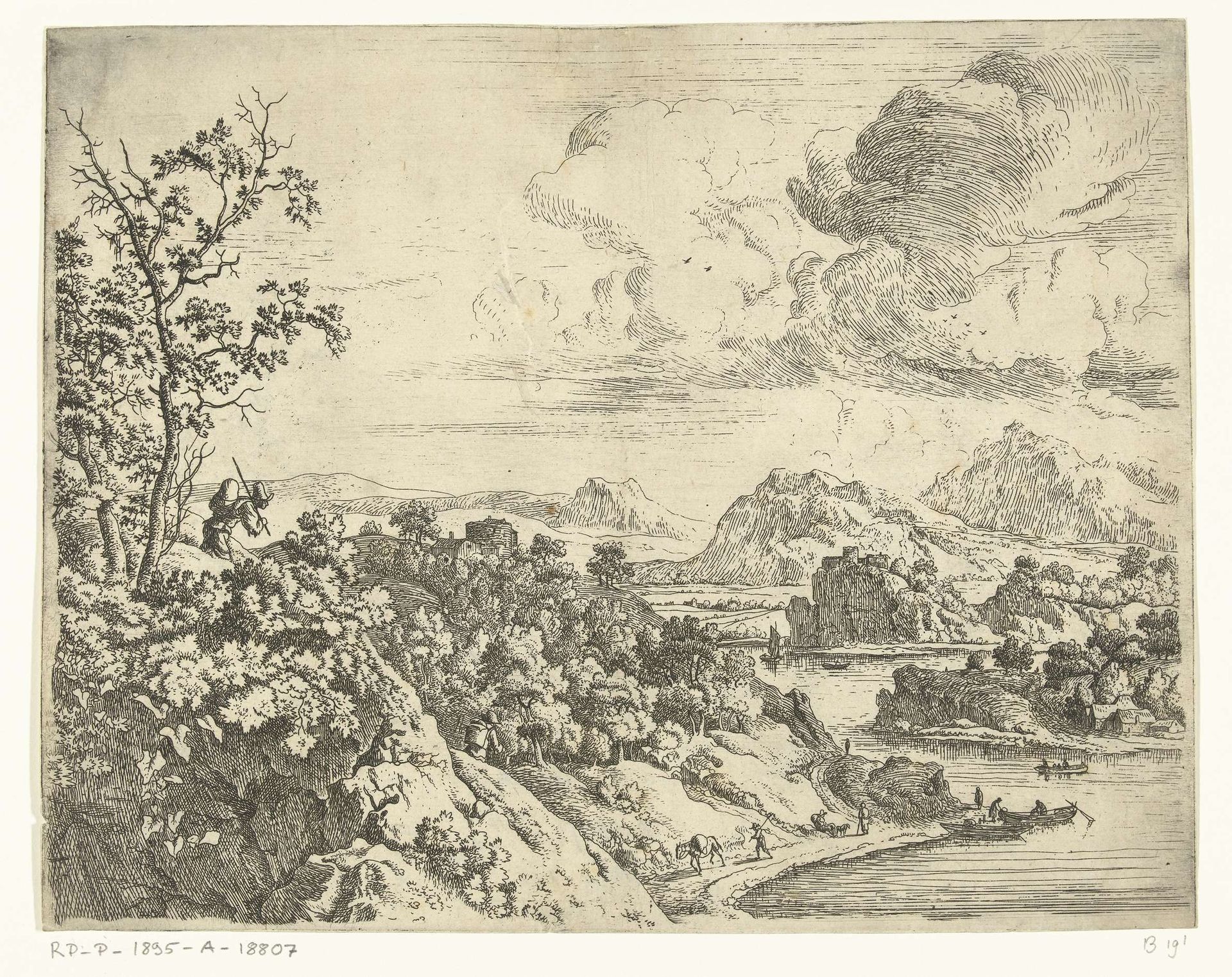 Rivierlandschap met man met pak op zijn rug by Jan van Aken
