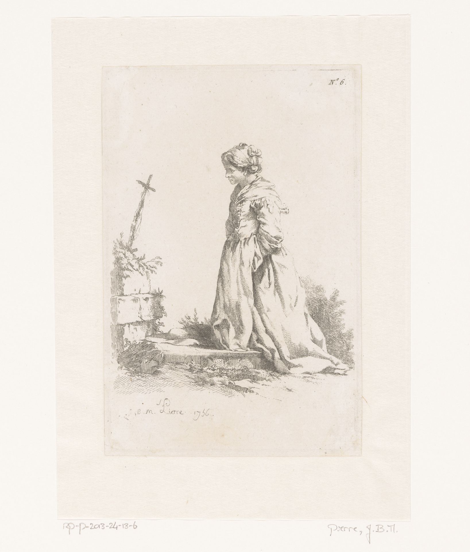 Vrouw geknield voor een graf by Jean Baptiste Marie Pierre