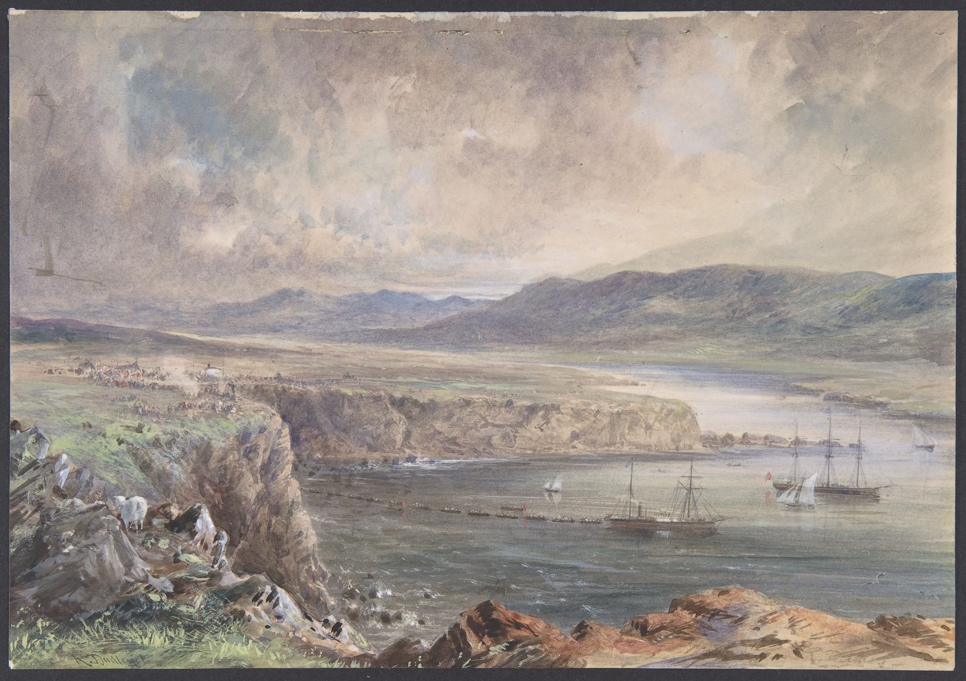 Foilhummerum Bay, Valentia, Looking from Cromwell Fort: The Caroline and Boats Laying the Earth Wire, July 21st, 1865 by Robert Charles Dudley