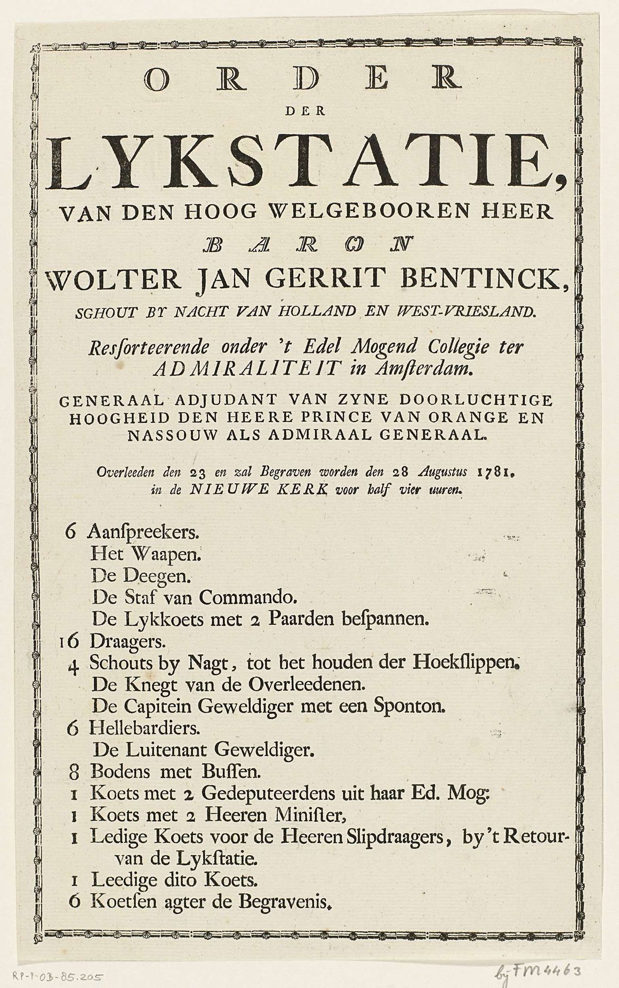 Bericht over de lijkstatie van Wolter Jan Gerrit baron Bentinck, 1781 by Anonymous