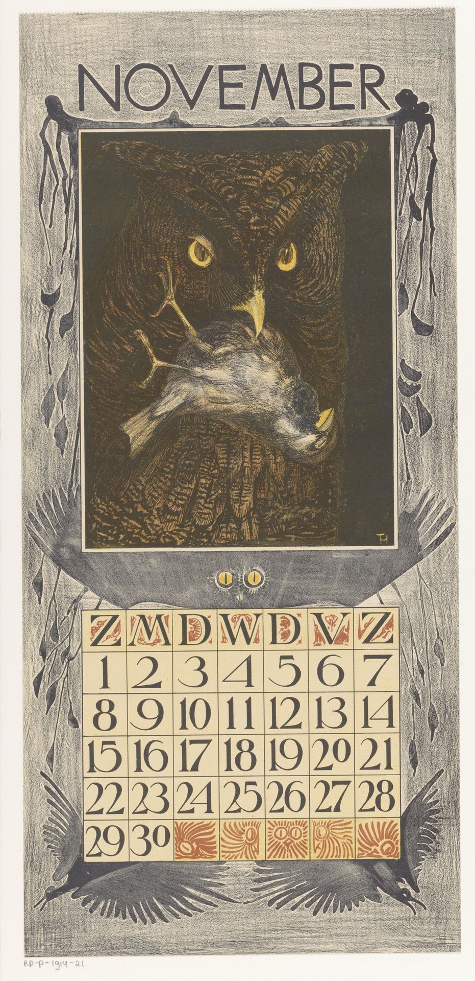 Kalenderblad november met uil en mus by Theo van Hoytema