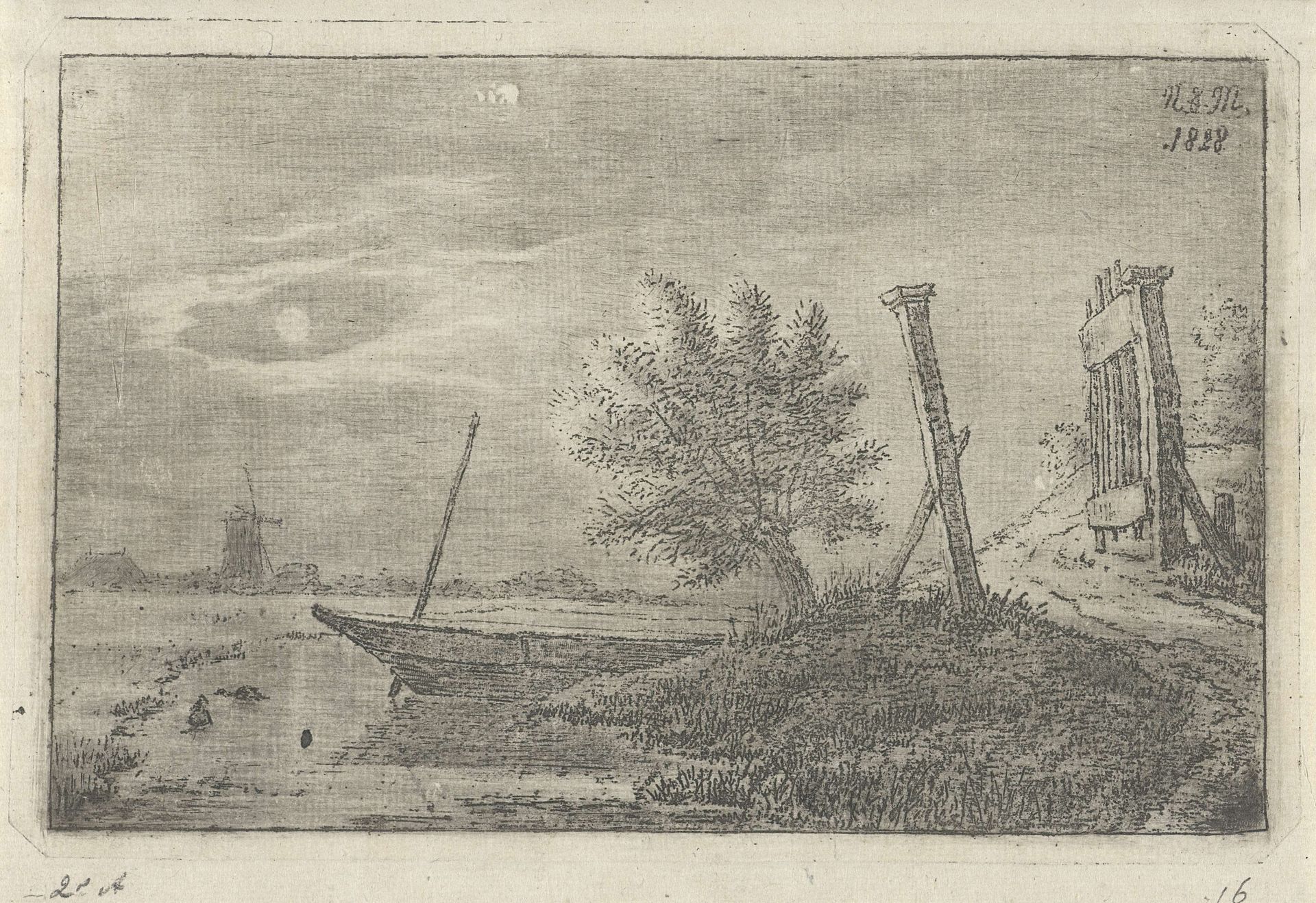 Landschap met boot en openstaand hek by Anthonie Willem Hendrik Nolthenius de Man