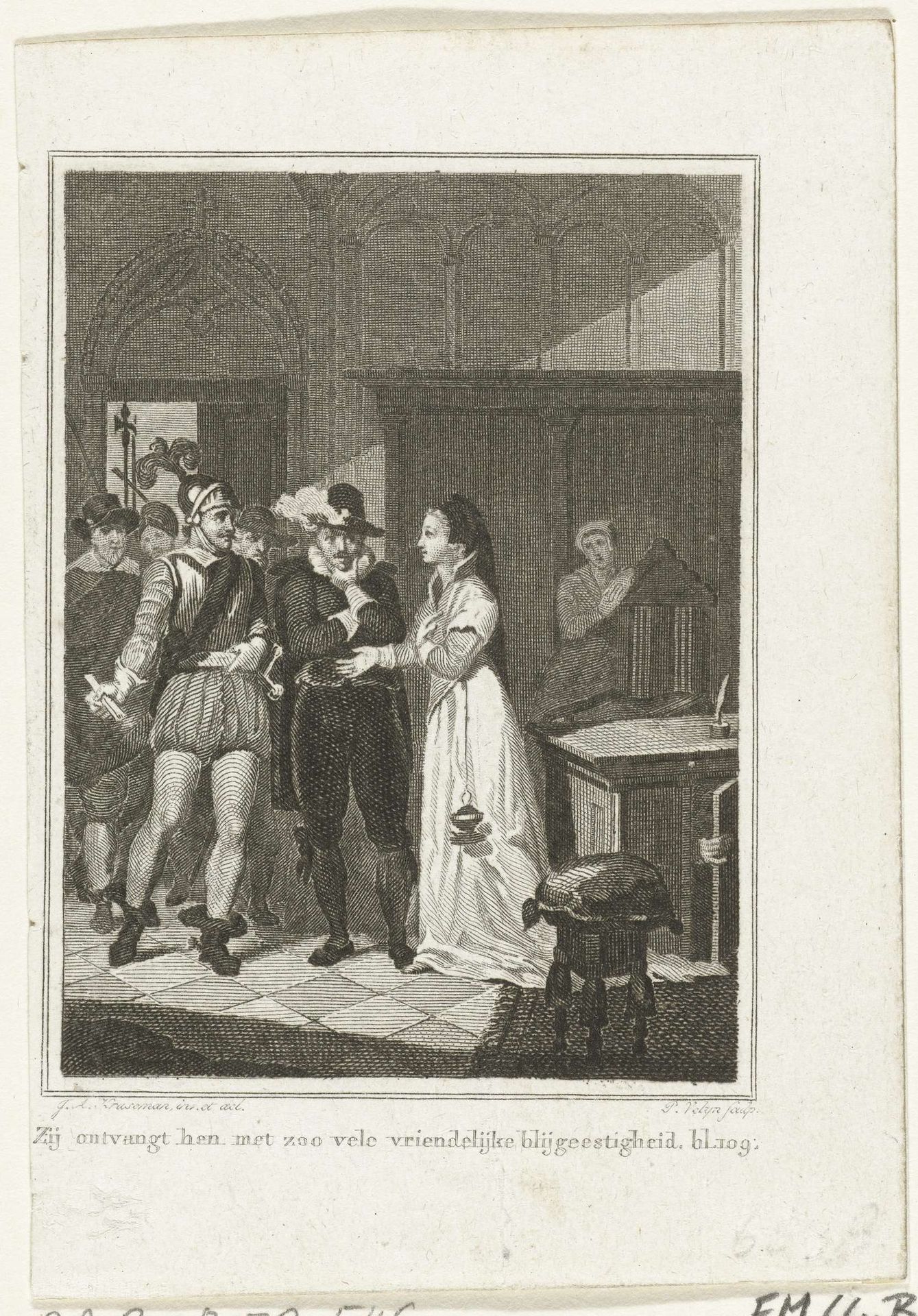 Margaretha Coppier verbergt soldaten van de prins in haar woning te Antwerpen, 1574 by Philippus Velijn