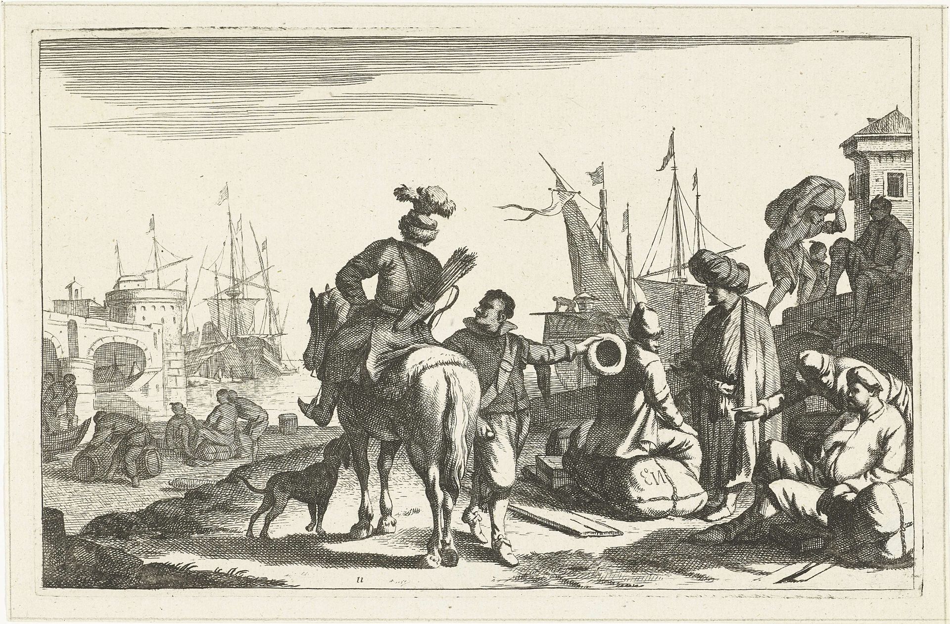 Haven met kooplieden en ruiter by Johannes Gronsveld