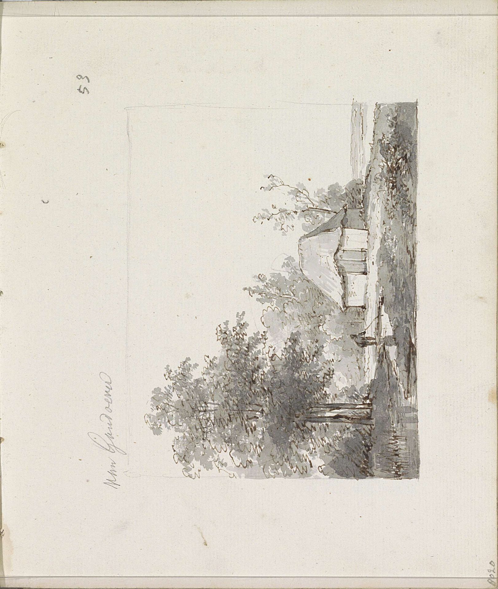 Landschap met water en een figuur bij een boerenhut by Andreas Schelfhout