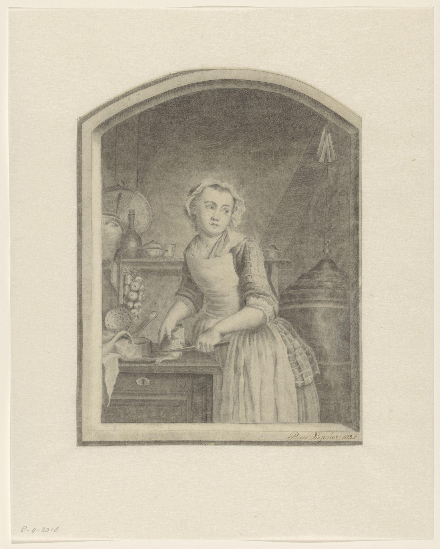 Keukenmeid die vis schoonmaakt by P. de Visscher