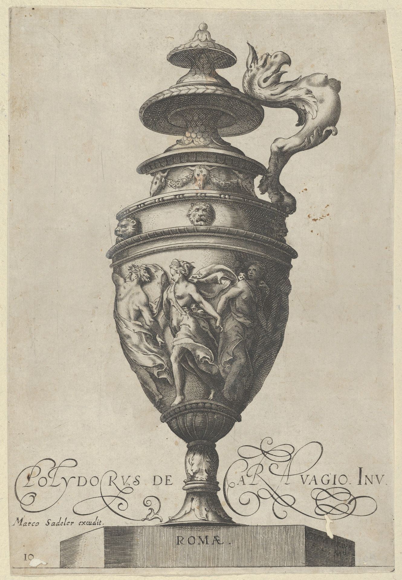 Plate 10: Lidded Vase With a Handle in the Shape of a Griffin and A Frieze With Draped Dancing Figures, from Antique Vases (Vasa a Polydoro Caravagino’) by Aegidius Sadeler II