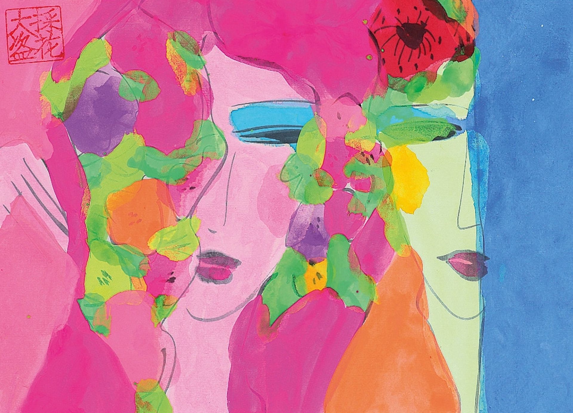 Two ladies with flowers by Walasse Ting