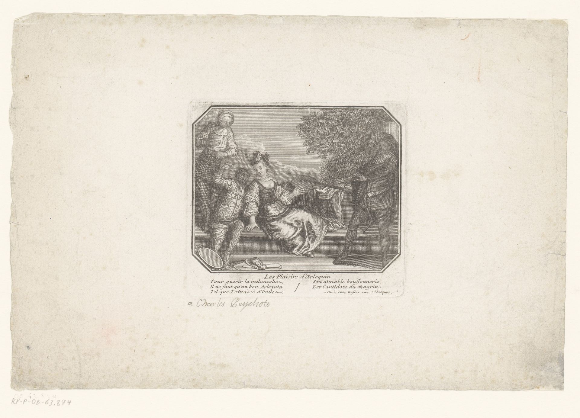 Galante scène met vrouw omringd door Pierrot en twee andere mannen by Claude Duflos
