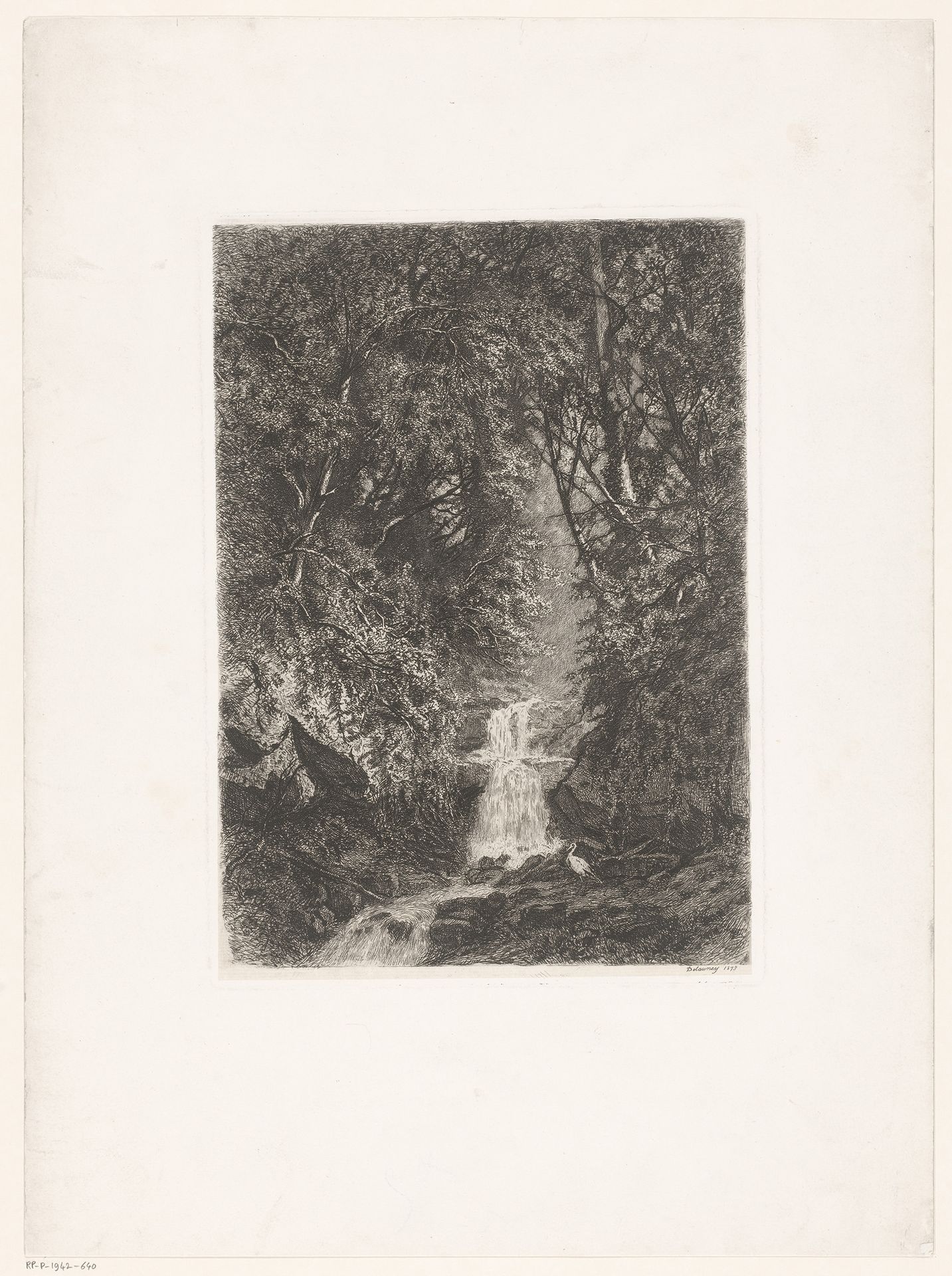 Gezicht op een boslandschap met een waterval by Alfred Alexandre Delauney