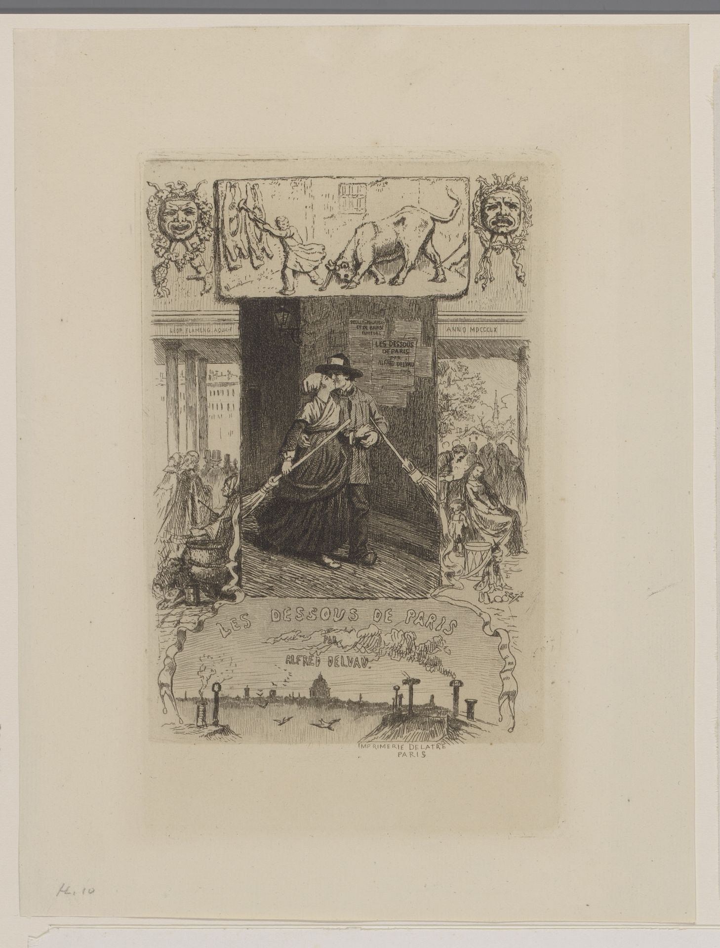 Koppel met bezems kust elkaar op straat by Léopold Flameng