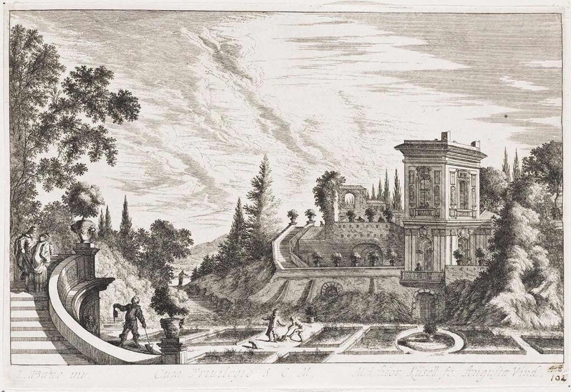 Curved Staircase and Garden in Front of a Building WIth Tower and Terraces; Several Figures in the Garden With Shovels by Melchior KÃ¼sel