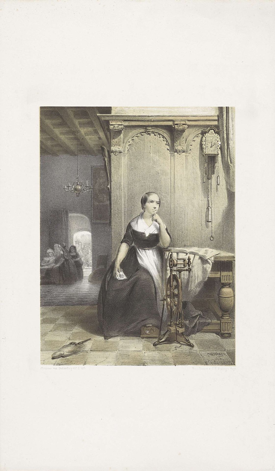 Peinzend meisje bij spinnewiel by Wilhelmus Cornelis Chimaer van Oudendorp