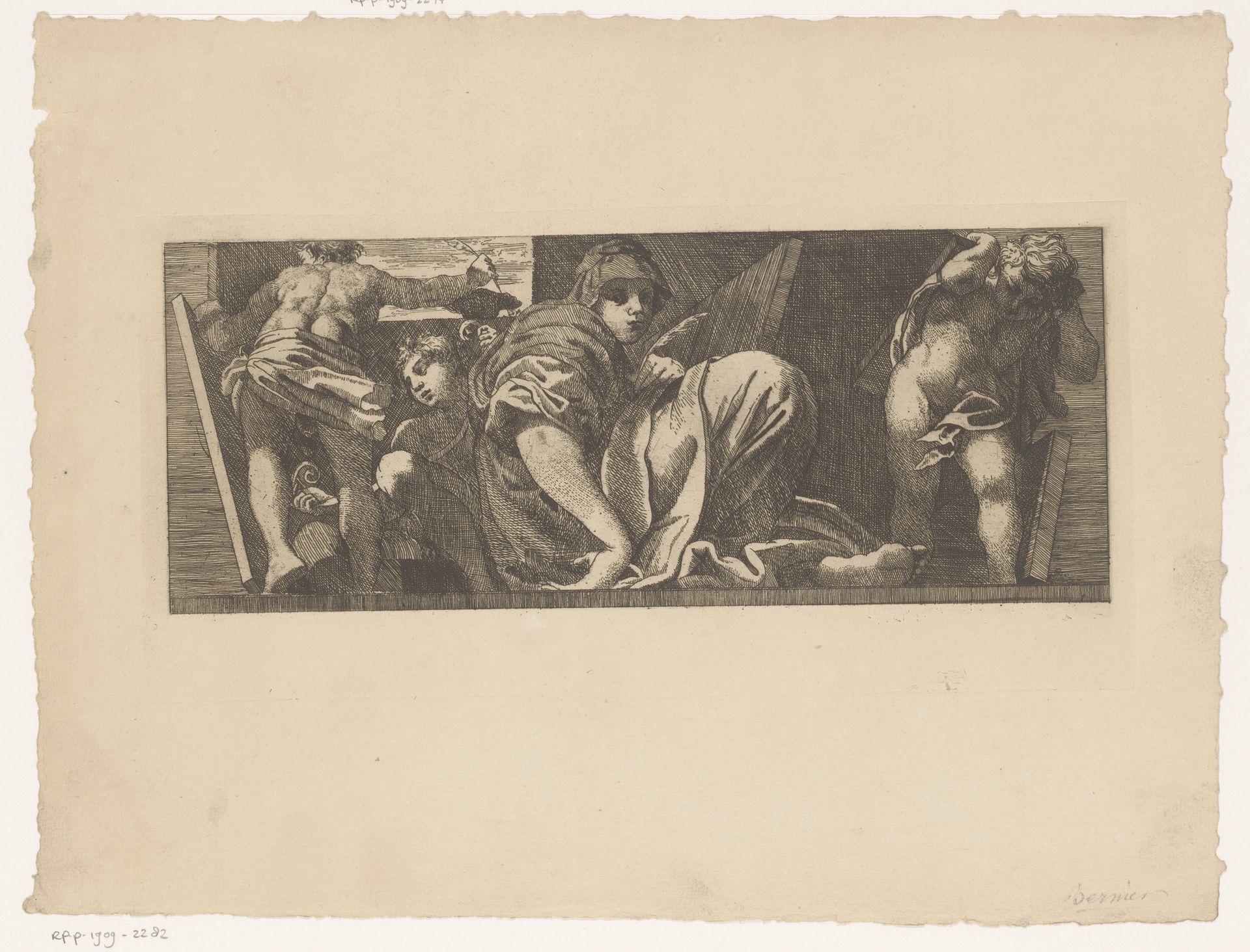 Zittende jonge vrouw en putti met graveergerei by Charles Théodore Bernier