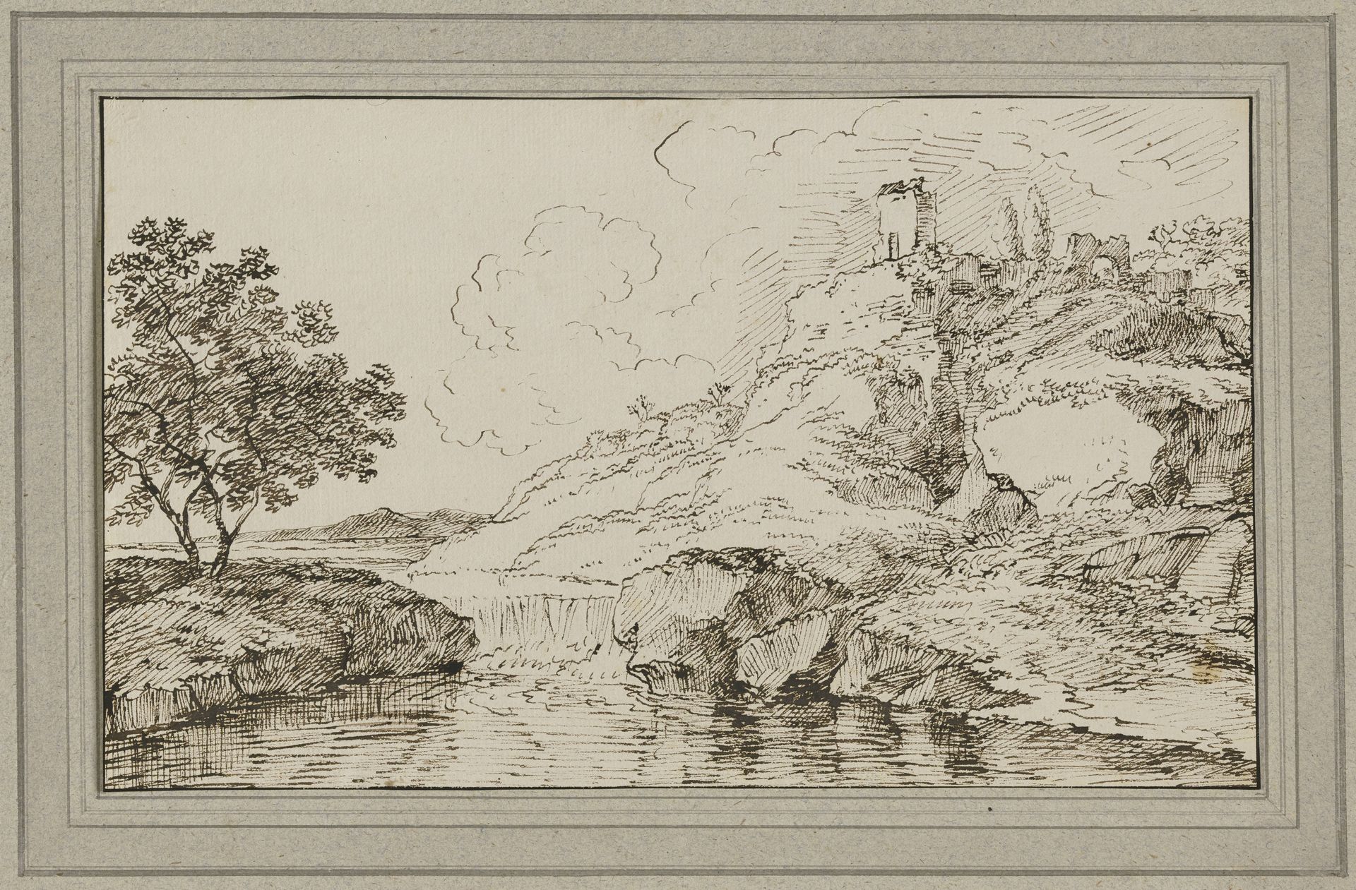 Landschaft mit Wasserfall, rechts auf dem Berg eine Ruine by Franz Kobell