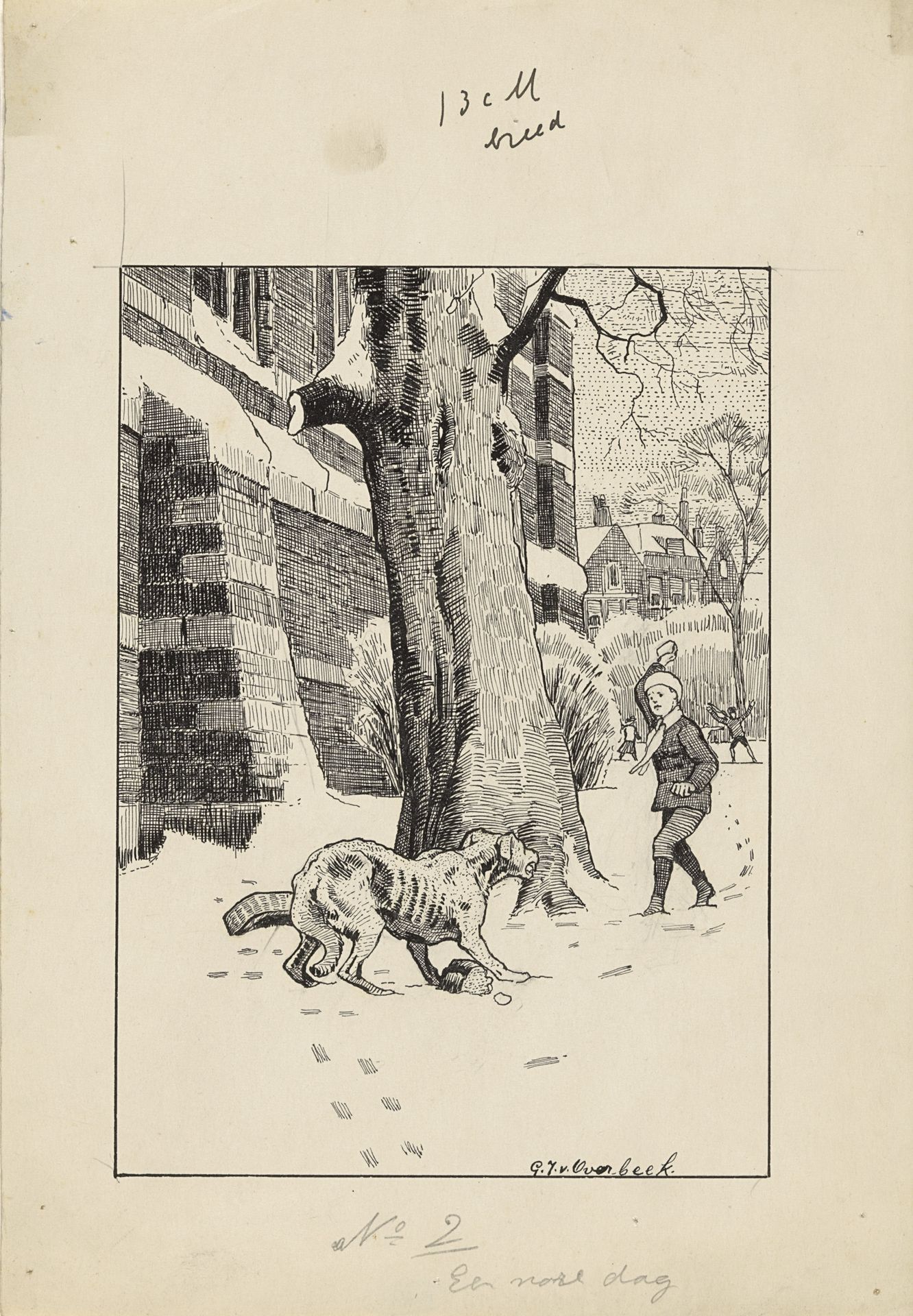 Jongen gooit een sneeuwbal richting een hond by Gijsbertus Johannes van Overbeek