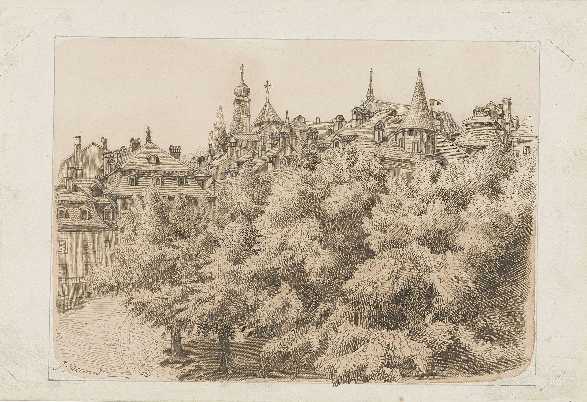 Gezicht op een stadsplein met bomen by J. Jacconal