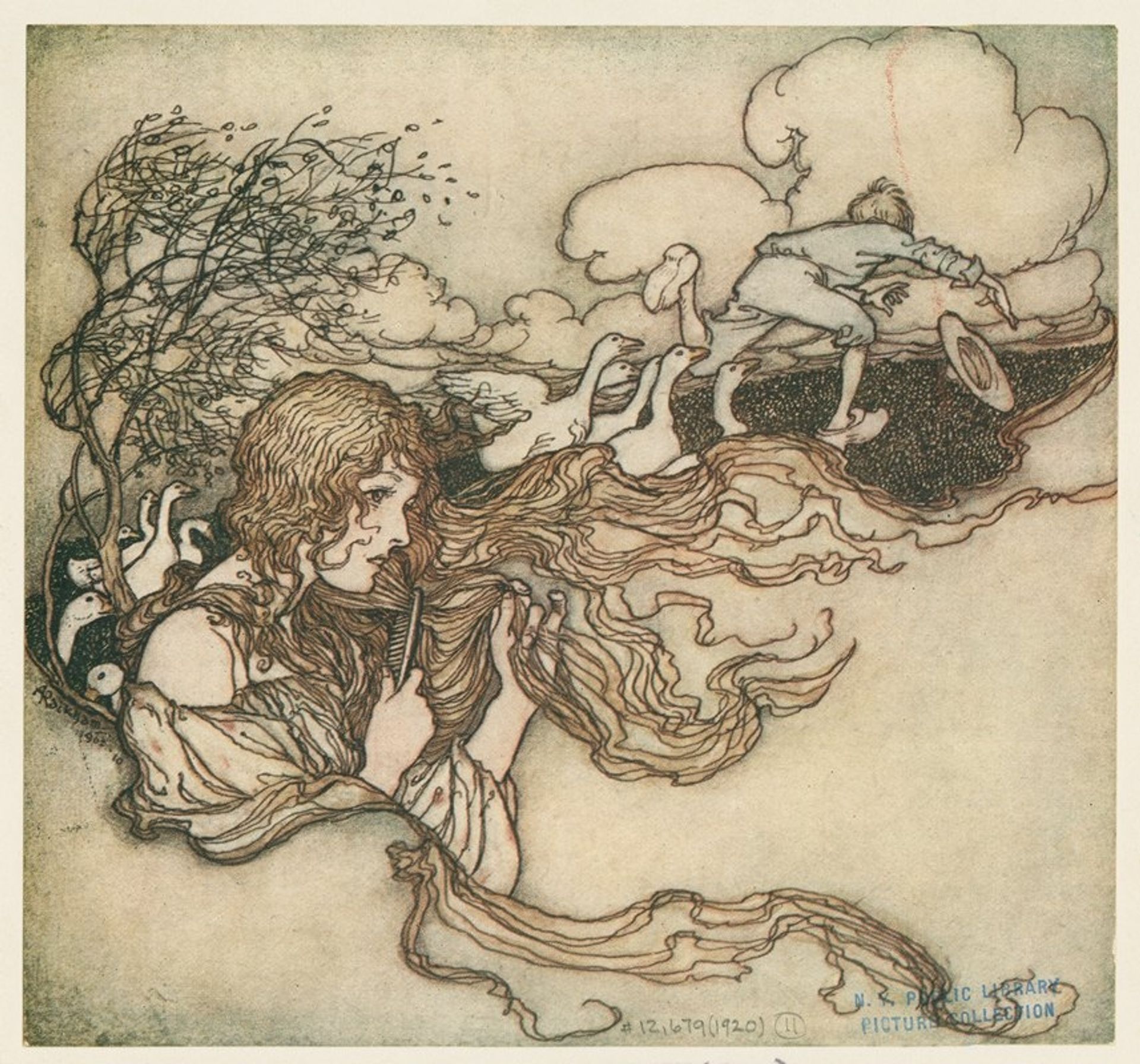 ‘Blow, blow, little breeze, And Conrad’s hat seize.’ by Arthur Rackham