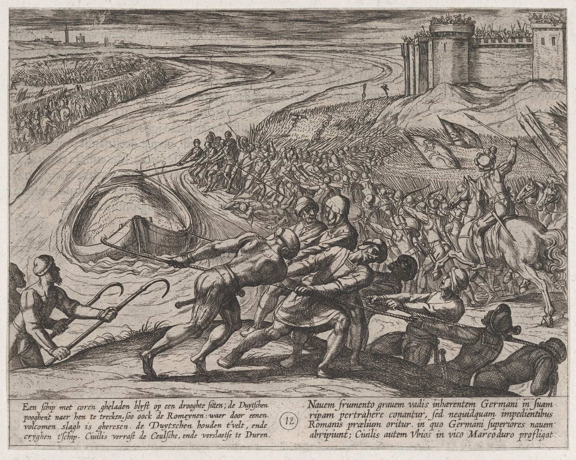Plate 12: Pulling a Vessel Loaded with Grain to Shore, from The War of the Romans Against the Batavians (Romanorvm et Batavorvm societas) by Antonio Tempesta