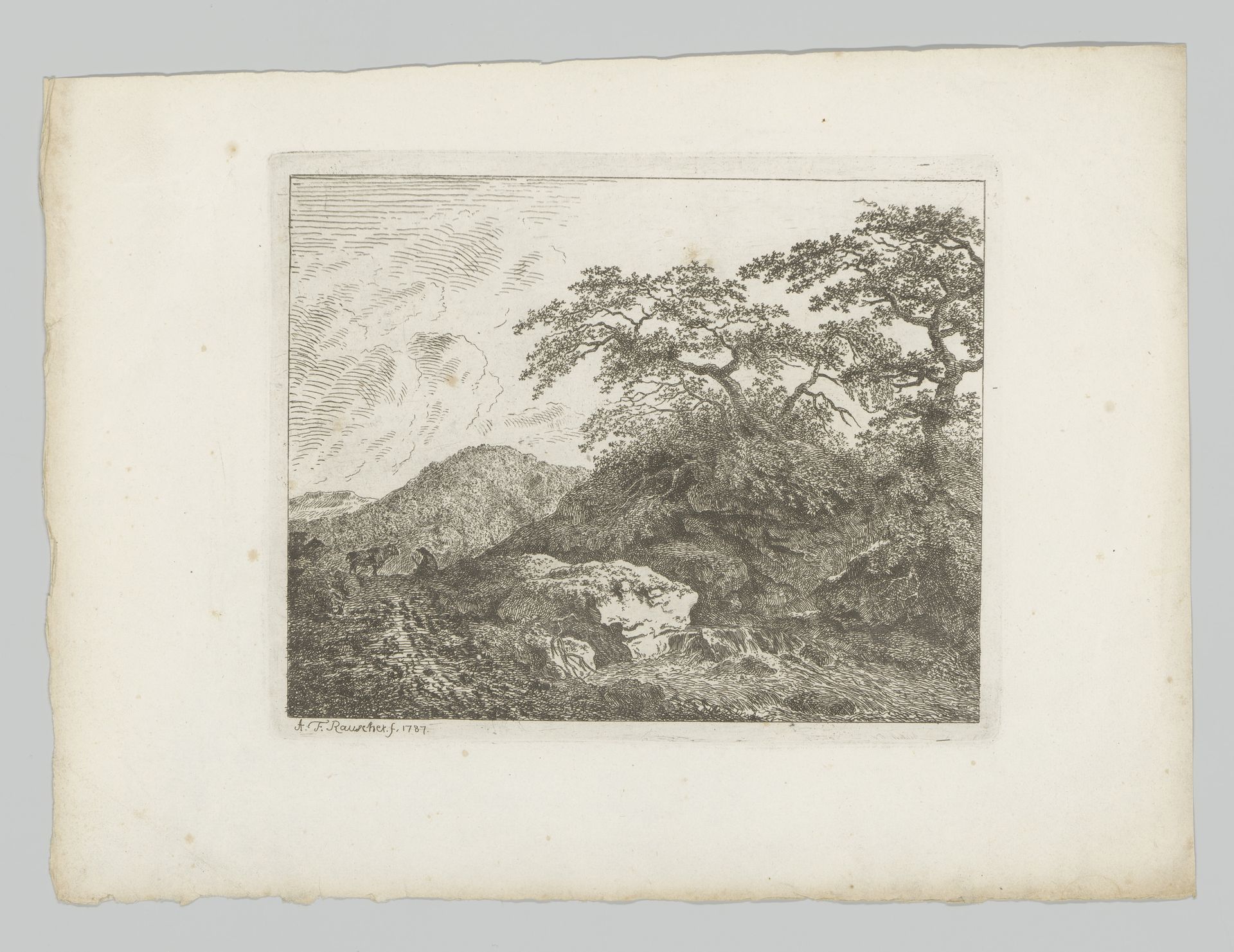 Landschap met beek en op de achtergrond een man en een stier by Friedrich Rauscher
