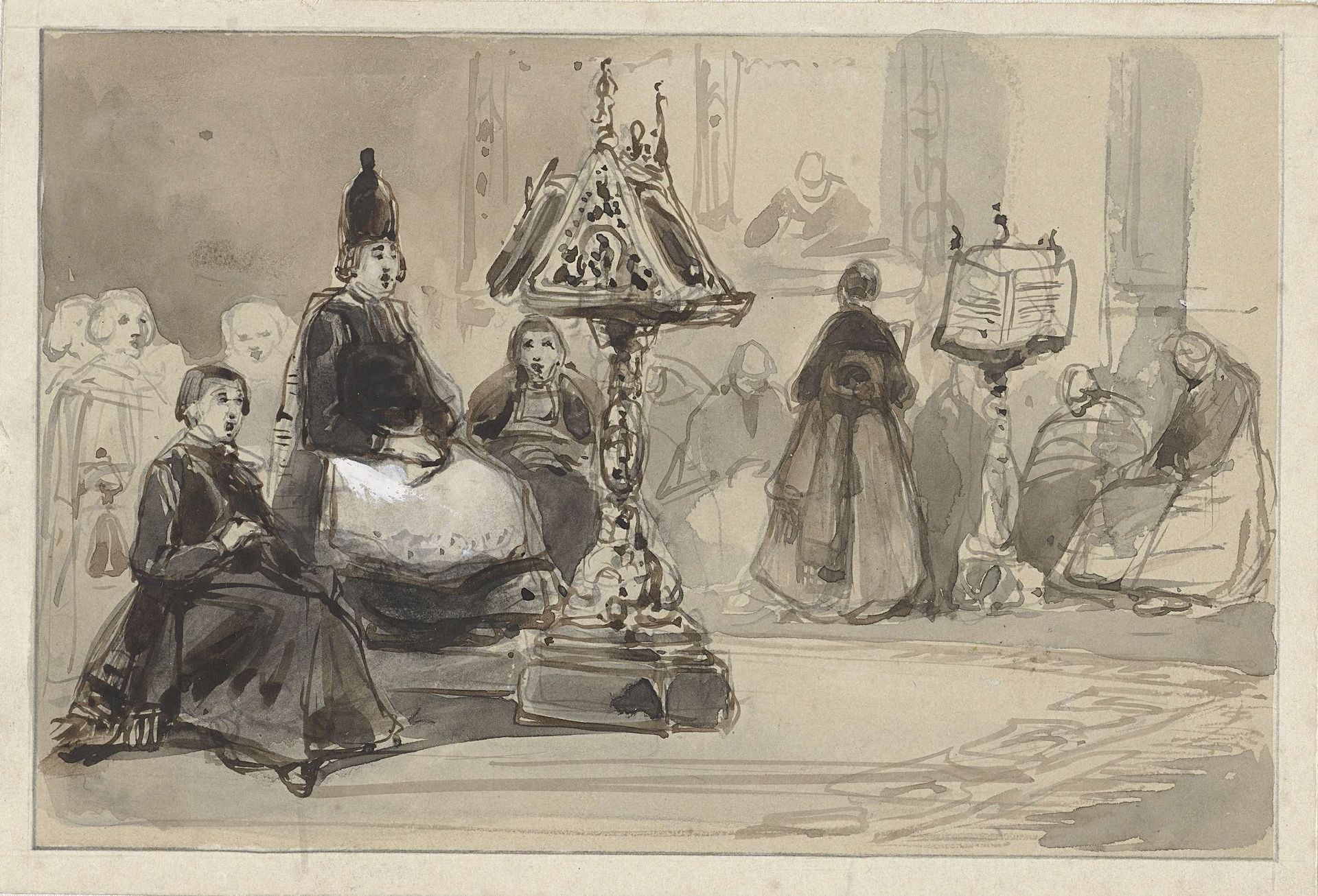 Kerkinterieur met zingende bisschop en nonnen by Johannes Bosboom