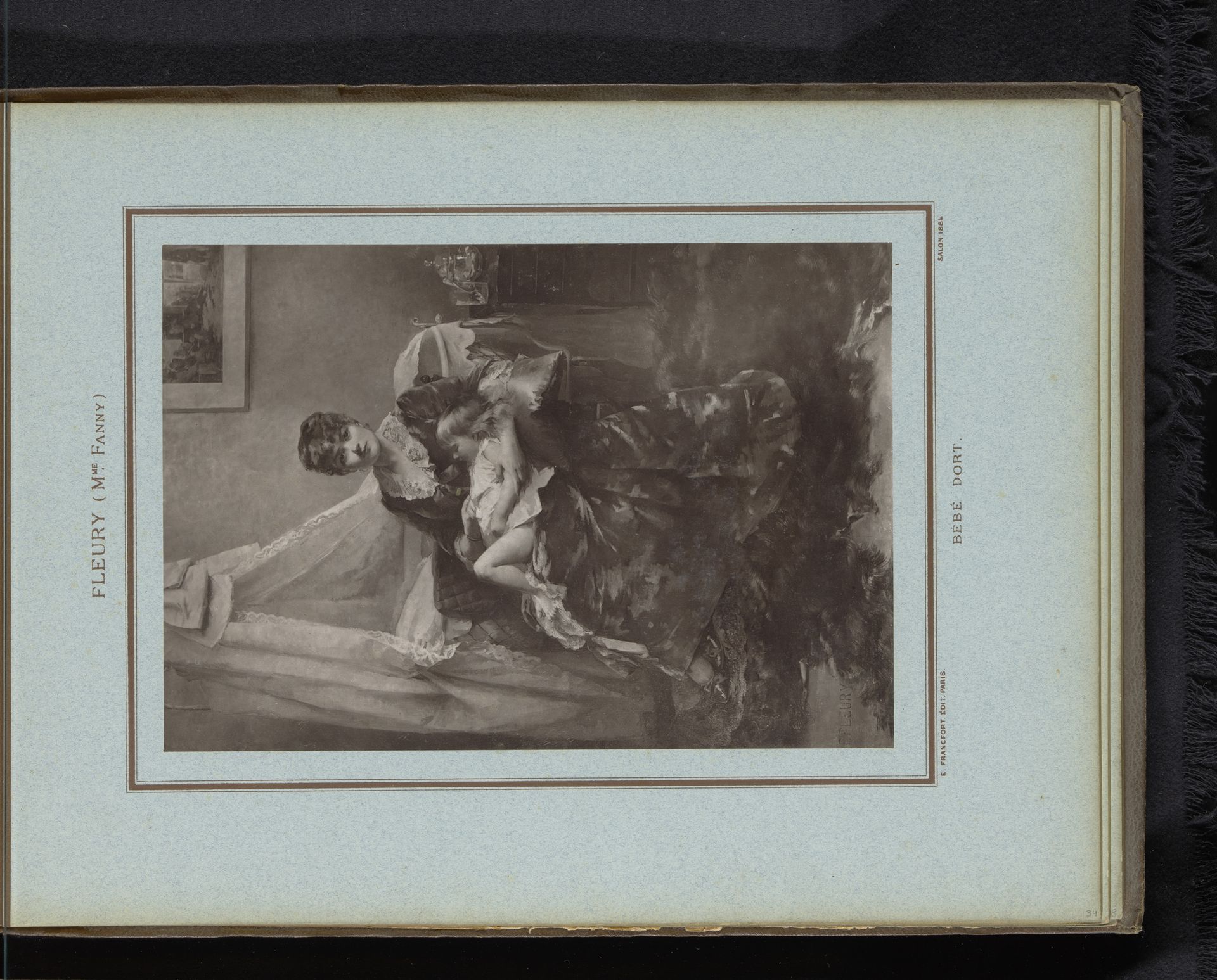 Reproductie van een schilderij van een vrouw met een slapend kind op schoot door Fanny Fleury by Anonymous