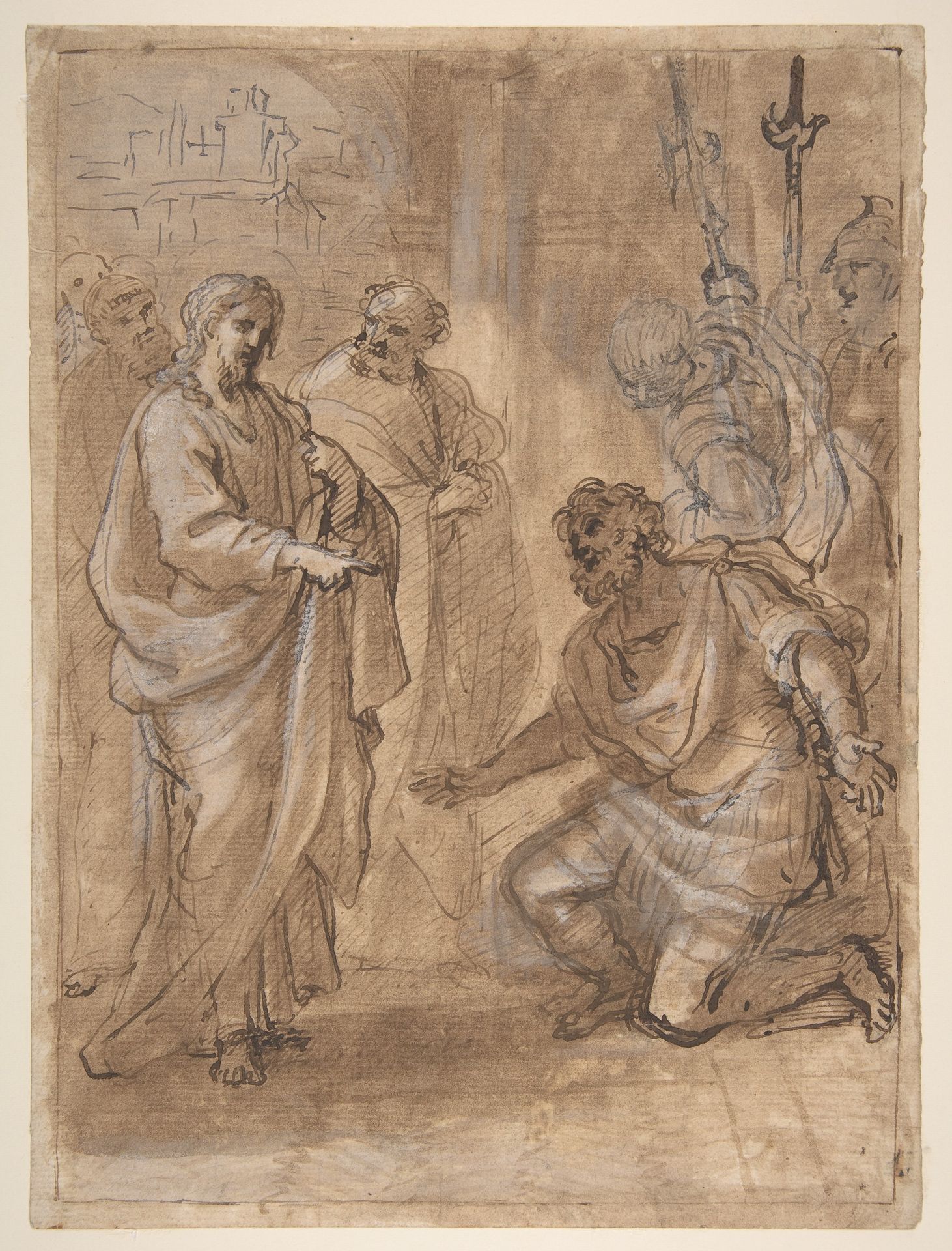 Christ and the Centurion (recto); Figure Waving to Departing Ship (verso). by Giuseppe Passeri (Passari)
