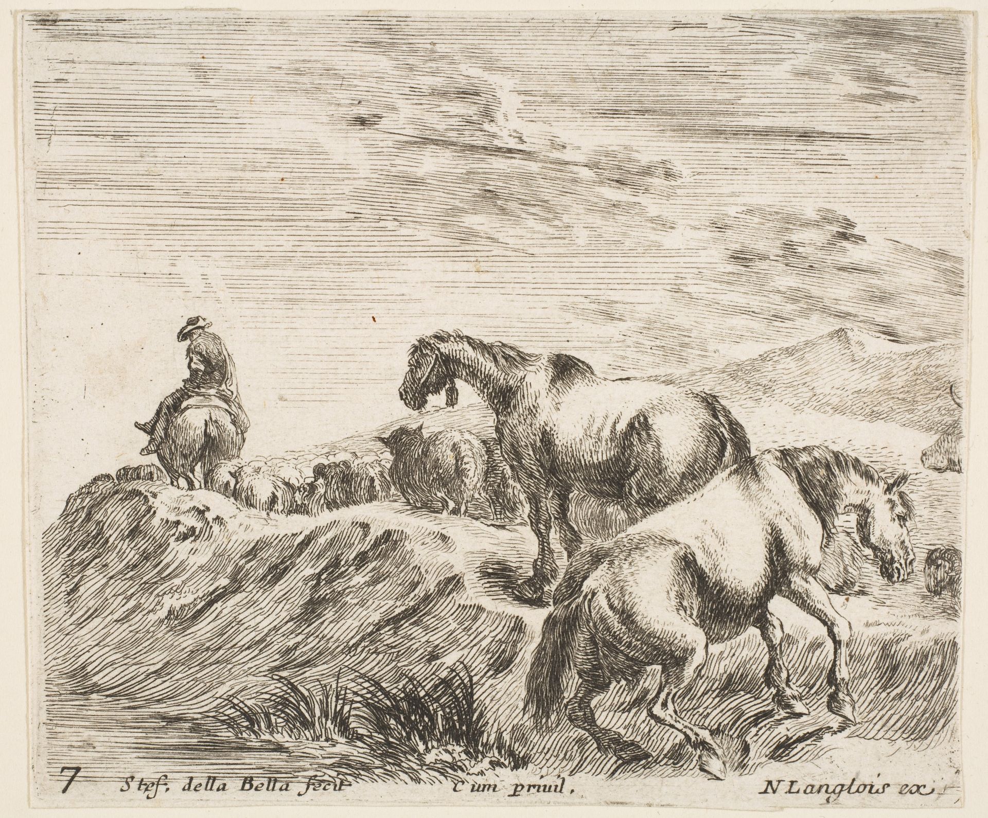 Plate 7: two horses ascending the bank of a river at right, following a procession of horses and one horseman to the left, from 'Diversi capricci' by Stefano della Bella