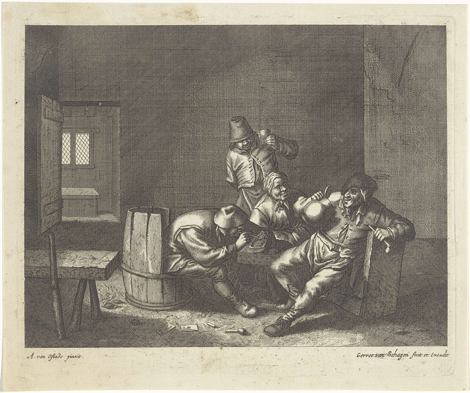 Interieur met rokende en drinkende boeren by Gerrit Lucasz van Schagen