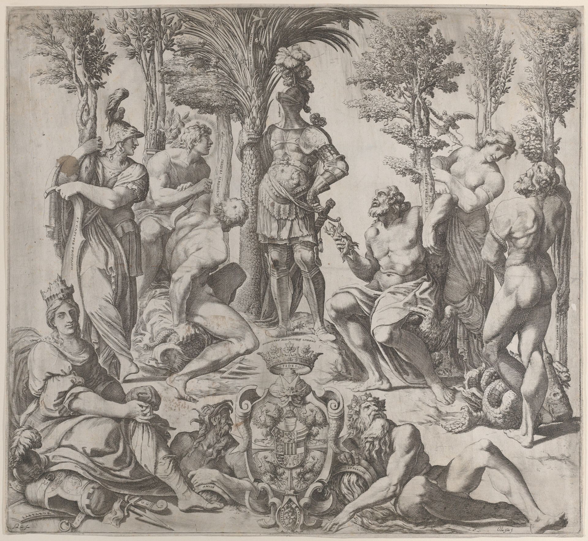Allegorical composition with six Olympian gods gathered around a figure in armor by Oliviero Gatti
