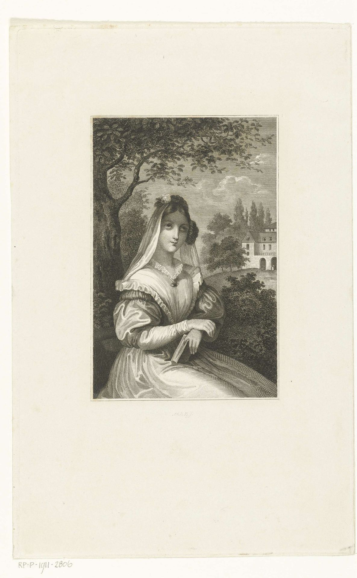 Dame met sluier en boek zit in tuin bij groot huis by Johannes Alexander Rudolf Best