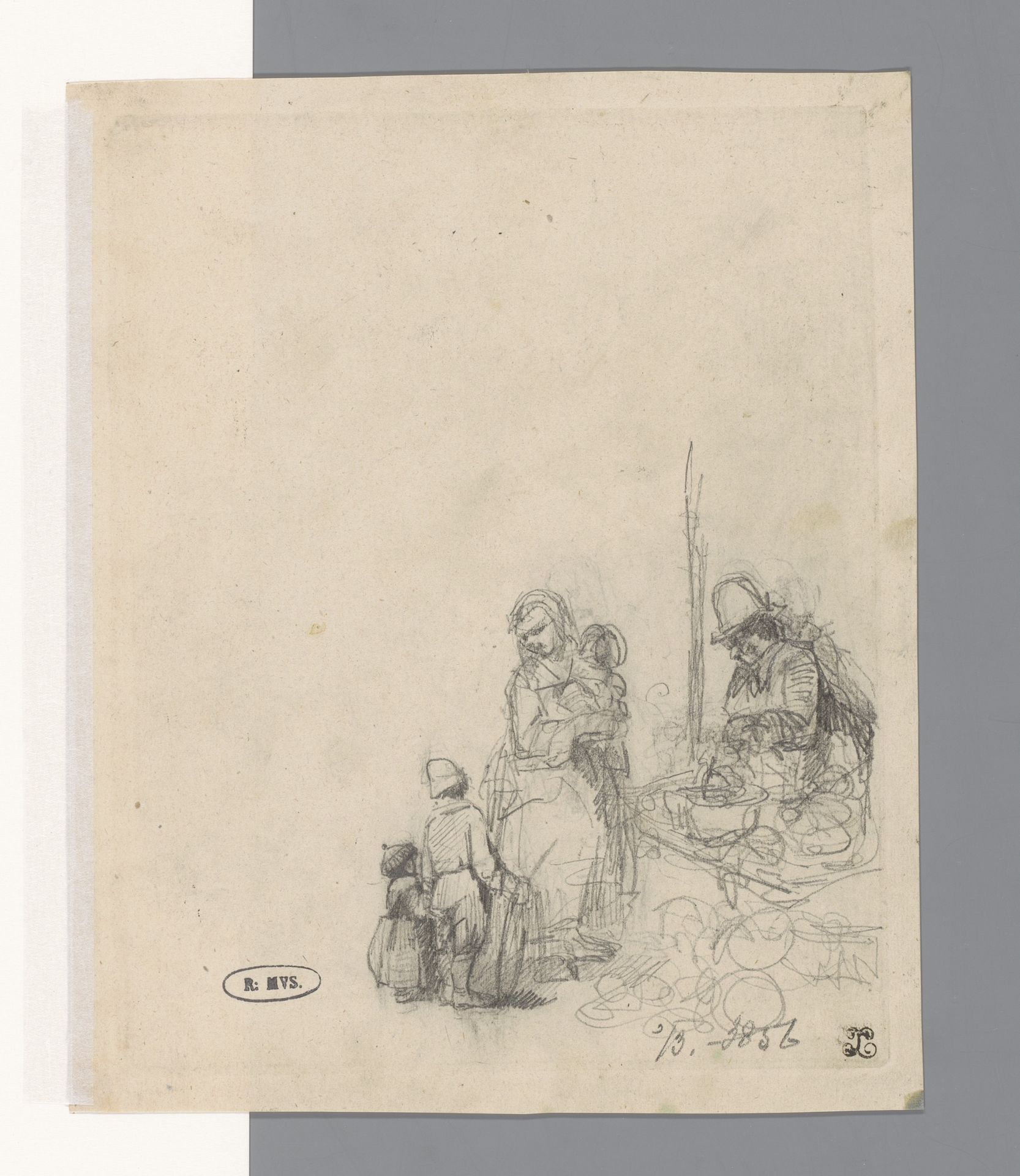 Vrouw met drie kinderen bij een verkoper by Adrien Joseph Verhoeven-Ball