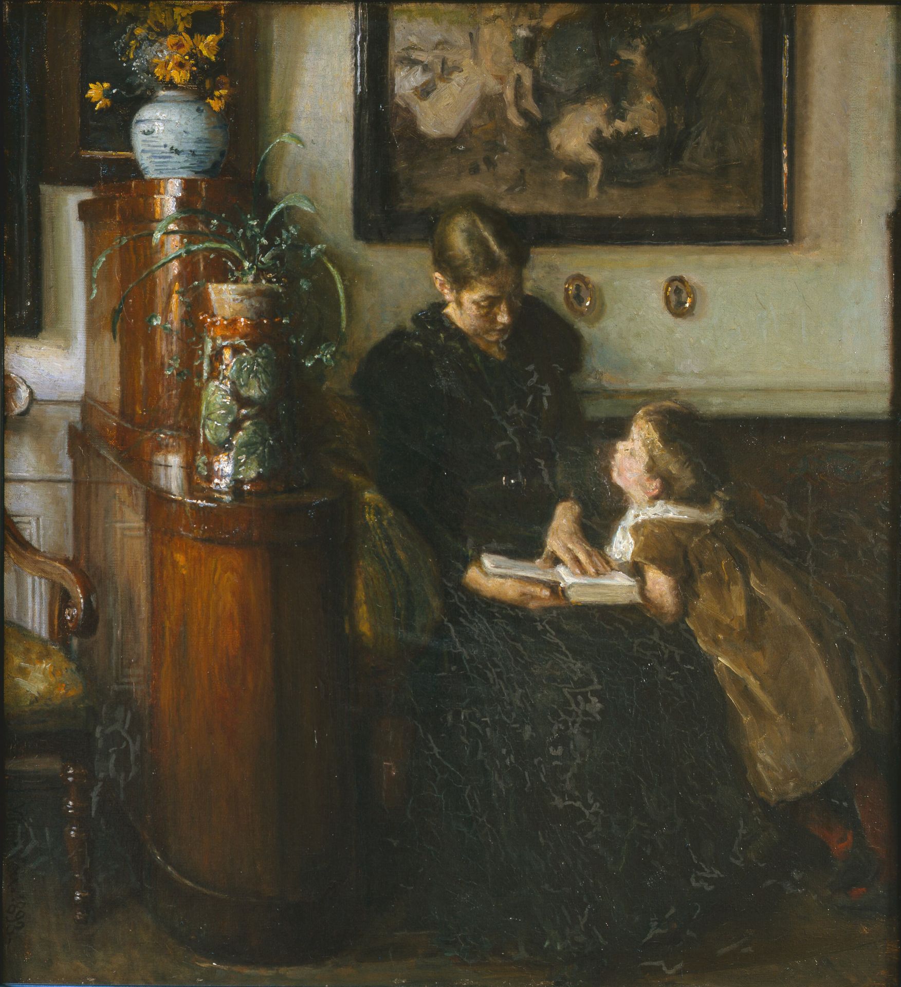 Moder skal læse. Kunstnerens hustru og barn by Viggo Johansen